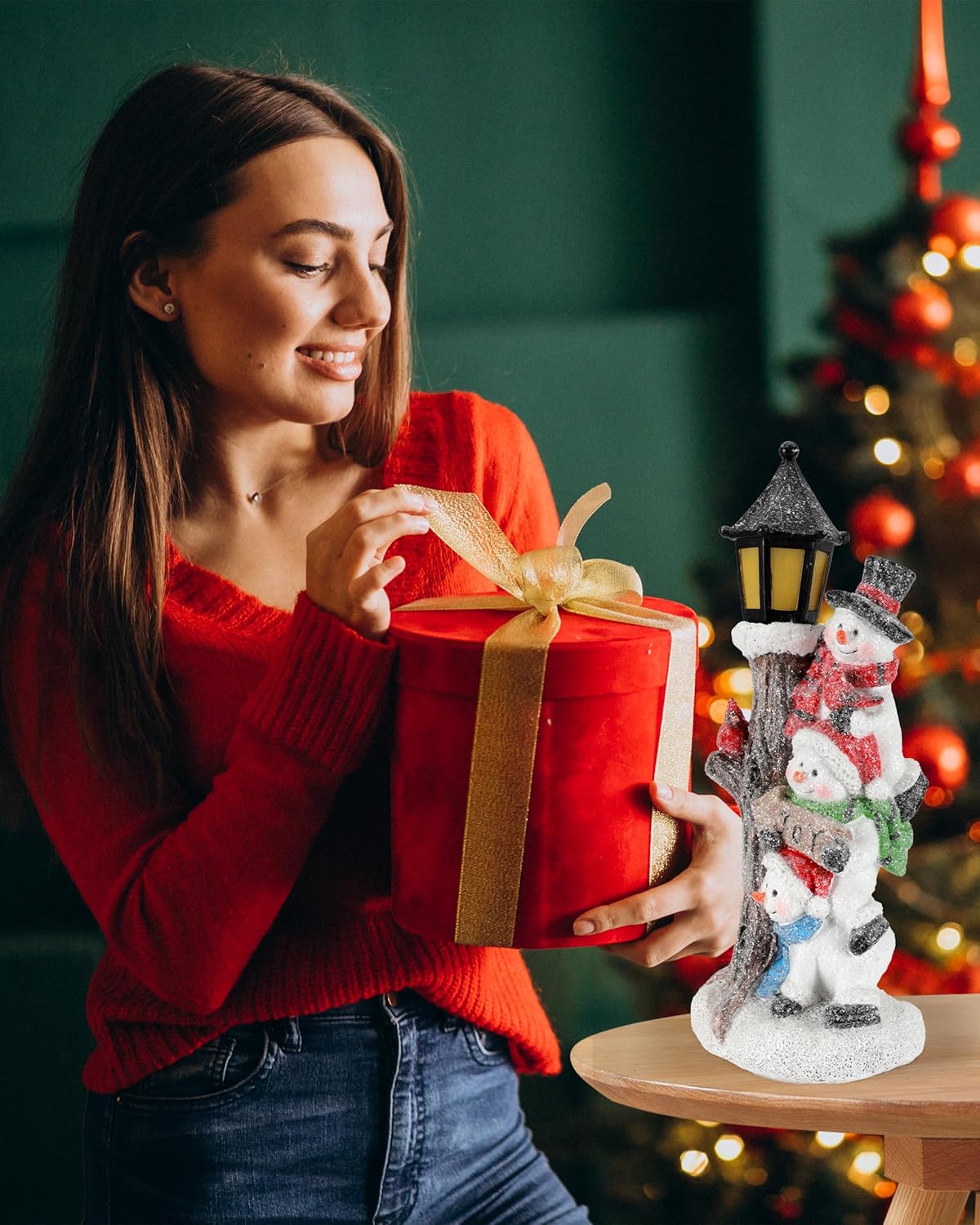 iStatue Lighted Stacked Snowman Tabletop Decor Figurine with Lamppost Lantern - 11.2'' Resin Cardinal Christmas Decorations Indoor - Unique Xmas Gift Idea (Joy Trio)