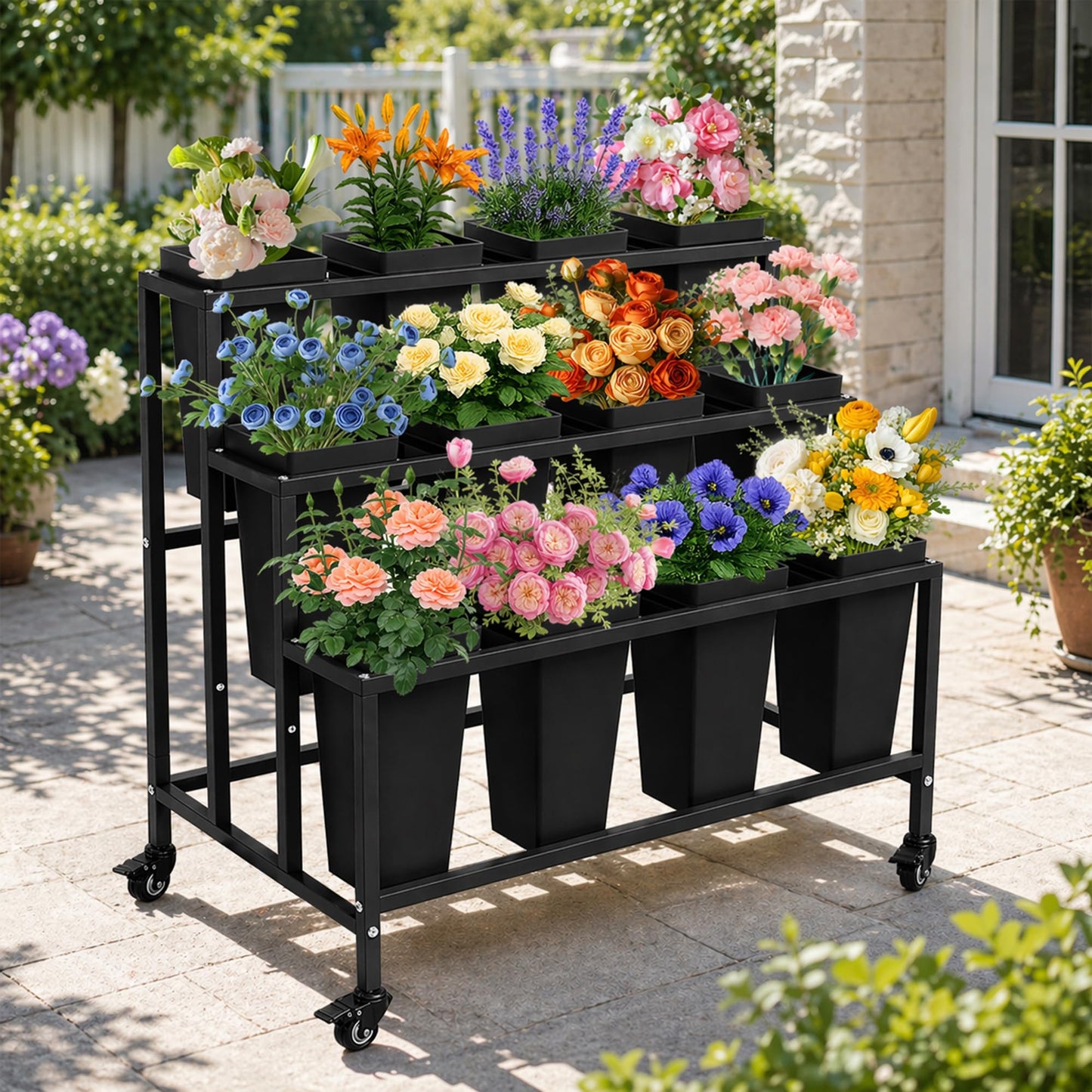 PROLEE Flower Display Stand with 12 Buckets, Flower Stand Metal with Wheels, Flower Cart 3 Layers, Flower Stand Metal with Wheels, Moving Florist Bouquet Shelf, Rectangular Rack (Black)