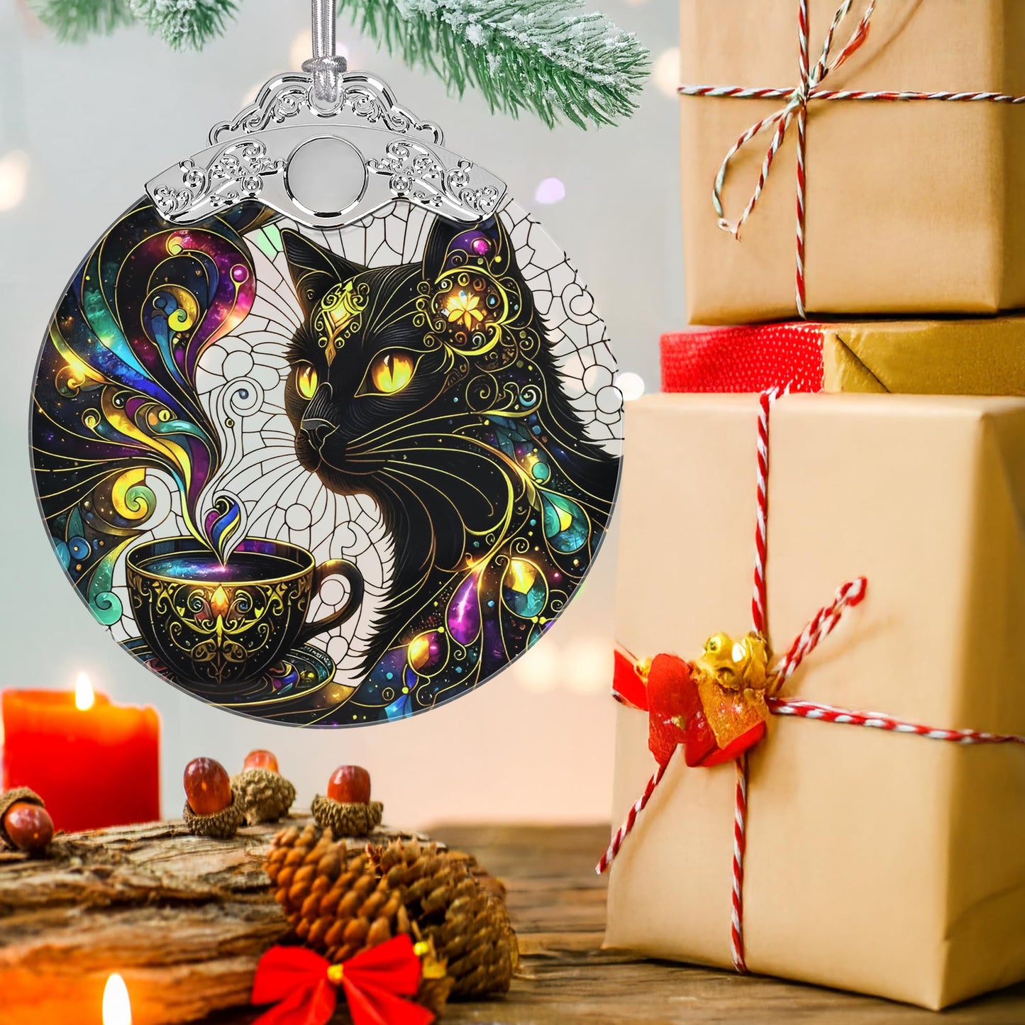 Stained Glass Cat Christmas Tree Ornaments - Black Cat Xmas Gift for Friend, Family or Coworker
