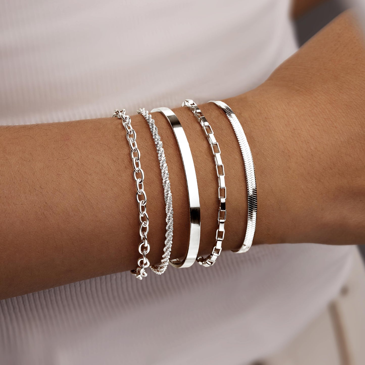 WomenGifts Silver Bracelet Stack for Women, Stackable Bracelets Sterling Silver Set on Bangle Cuff, Box Link, Figaro, Herringbone, Sparkling Chain, Waterproof Tarnish Resistant Jewelry Gift for Women