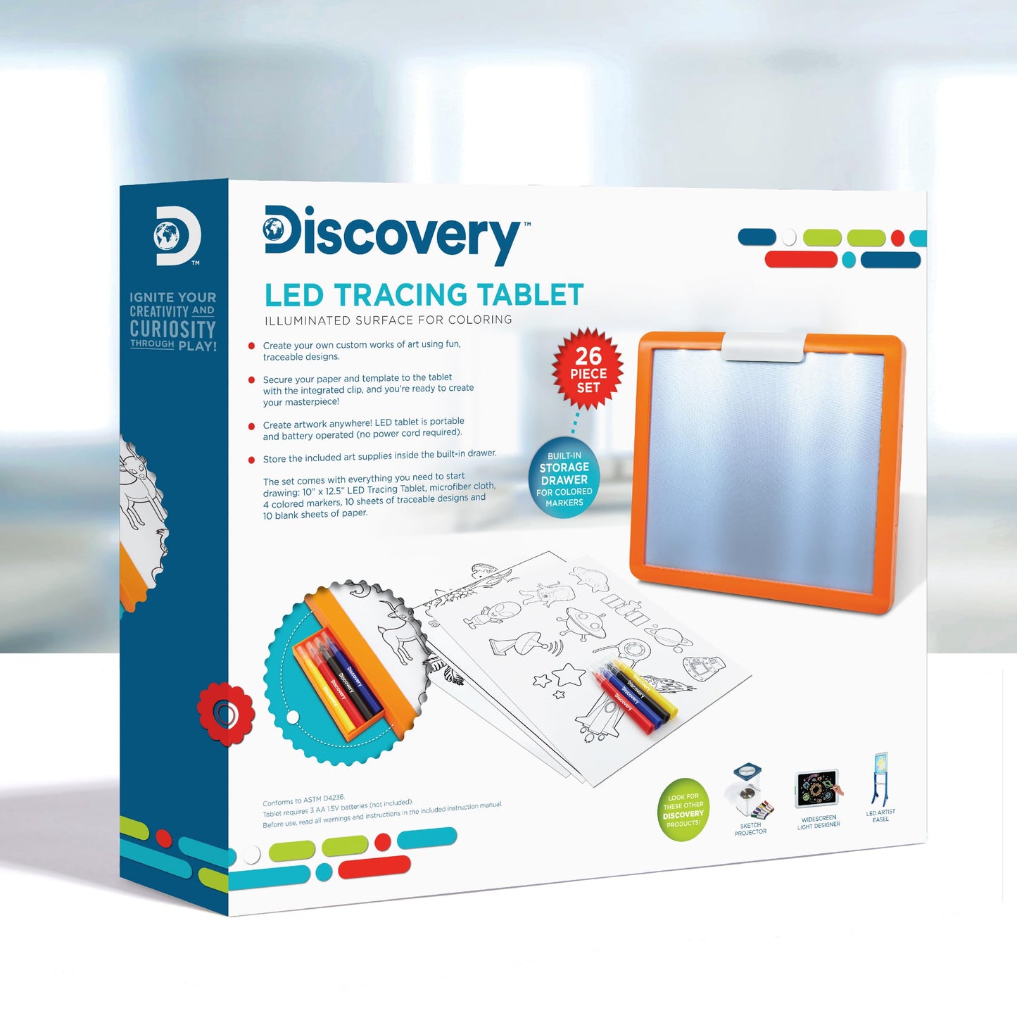 Discovery LED Tracing Tablet, 26-Piece Set with Washable Markers, Tracing & Template Sheets, Battery Powered Doodle Activity Lightboard, Kids Drawing & Sketching Portable Travel Art Set, Toy Gift