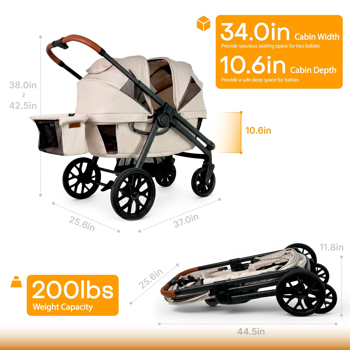 Wagon Stroller for 2 Kids, All-Terrain with Removable UV-Protection Canopy, Adjustable Push/Pull Handle, Snack Tray & Cup Holders, Perfect for Baby and Toddler(Khaki)