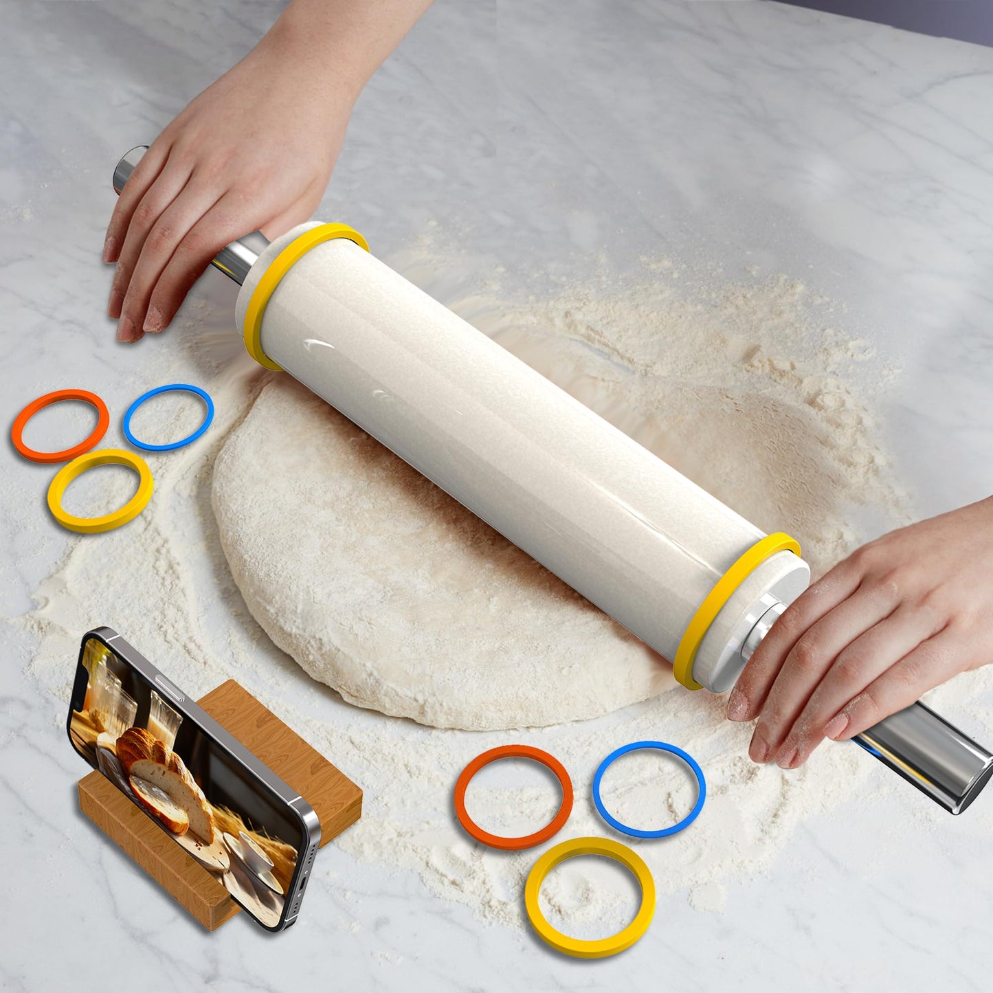 Mepple Marble Rolling Pin with Stainless Steel Handle for Baking,Fondant,Pizza,Cookie Crust,Pie,Cookies,Pastry, 18.5â(Includes handle) Marble Rolling Pin with 3 Multi-Color Thicknesses and Wood Stand
