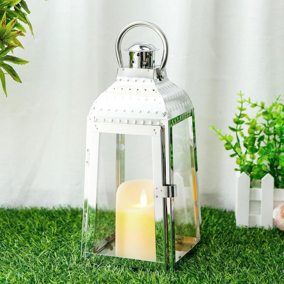 TRIROCKS Stainless Steel Candle Lanterns 12''H Decorative Candle Holders with Tempered Glass for Indoor Outdoor Porch Garden Parities and Wedding(Silver)