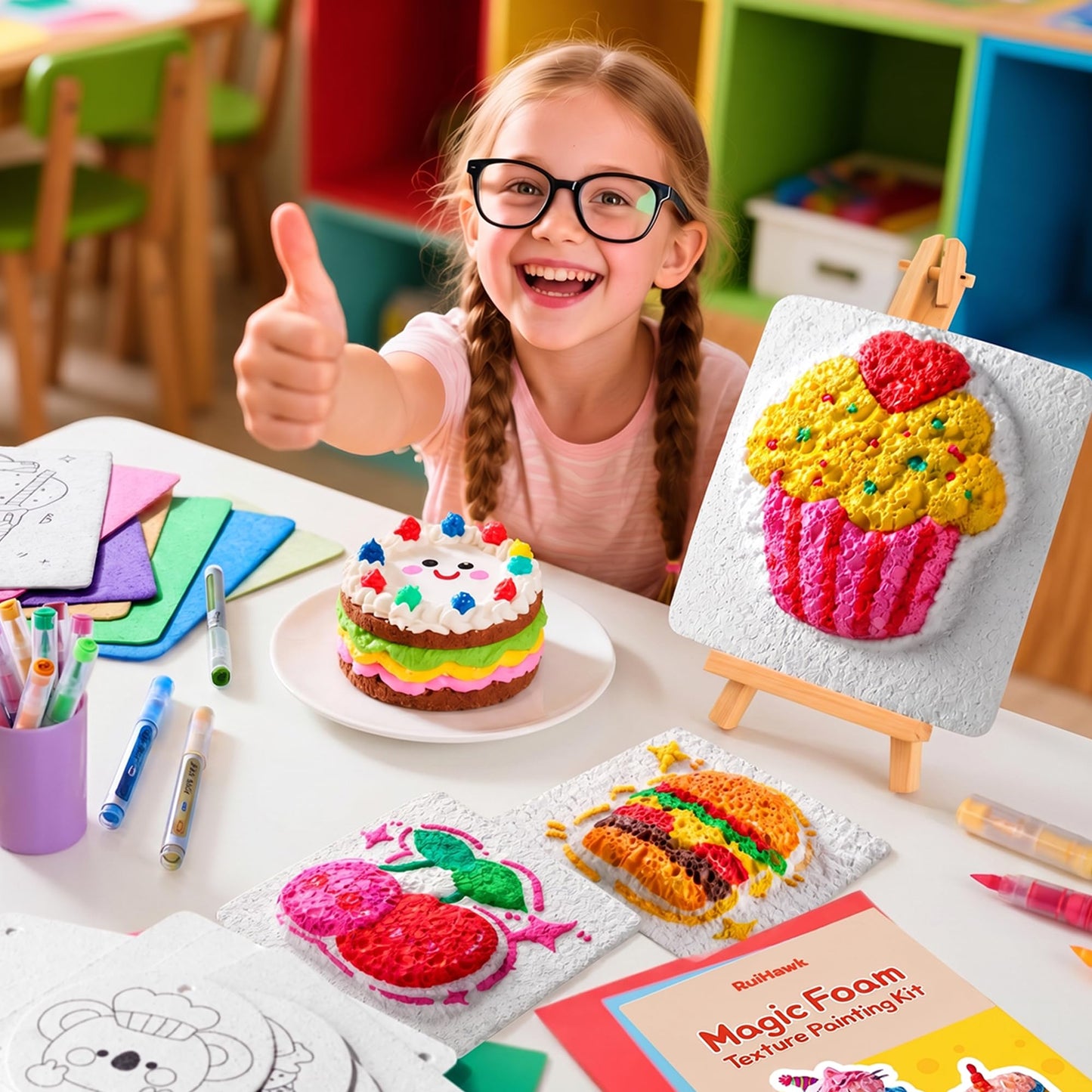 RuiHawk 3D Magic Foam Texture Painting Kit, 75 Pcs Puff Paint Art Supplies with 24 Auto-Flow Markers, 38 Texture Sheets & 10 Bead Necklace, Non-Toxic Creative Puffy Paint Gift for Boys Girls Ages 4-12
