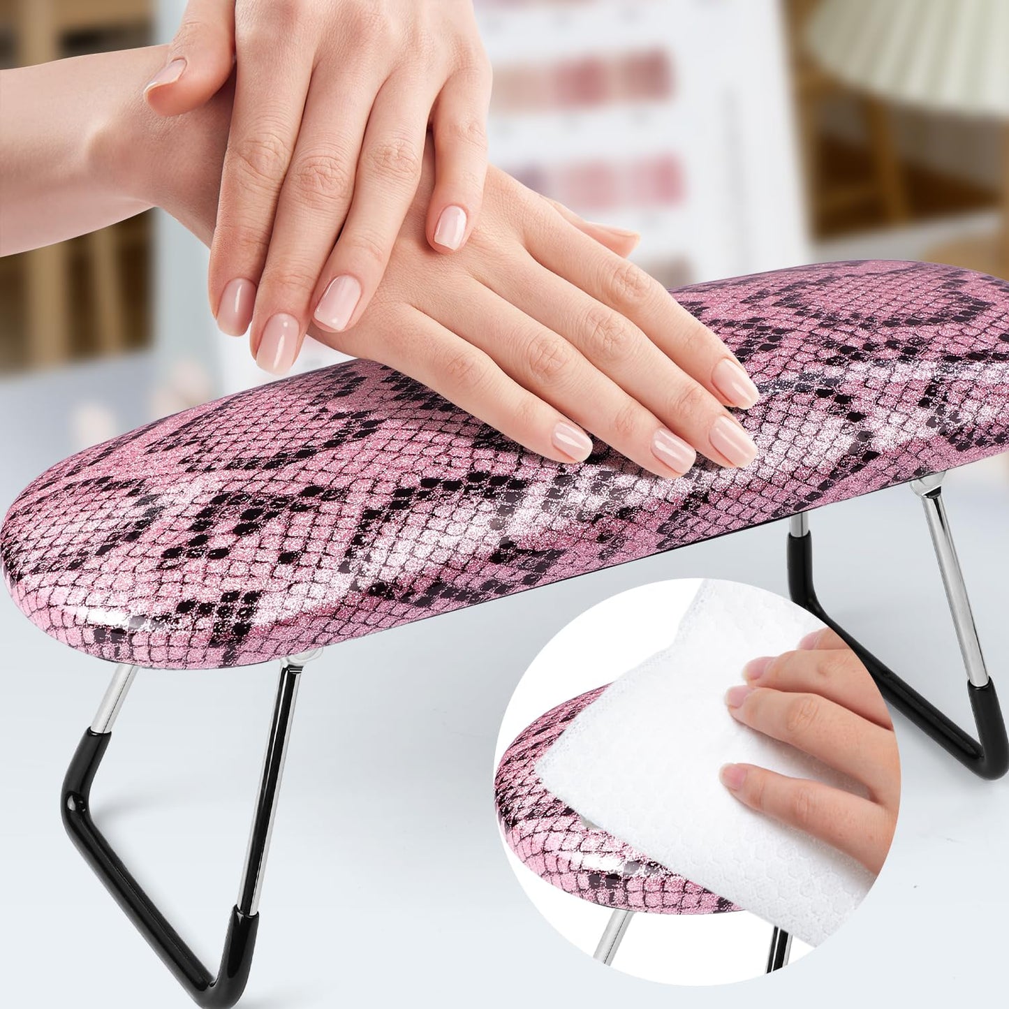 Krofaue Arm Rest for Nails Tech, Professional Microfiber Leather Nail Hand Rest Stand Arm Rest for Acrylic Nails Cushion Hand Holder with Non-slip - Nail Technician Use Must Have (Rose Pink)