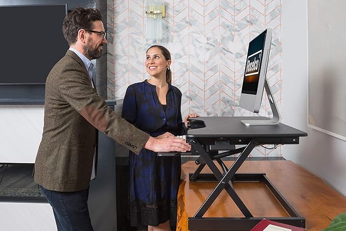 Rocelco 40" Large Height Adjustable Standing Desk Converter - Quick Sit Stand Up Dual Monitor Riser - Gas Spring Assist Computer Workstation - Retractable Keyboard Tray - Black (R DADRB-40)