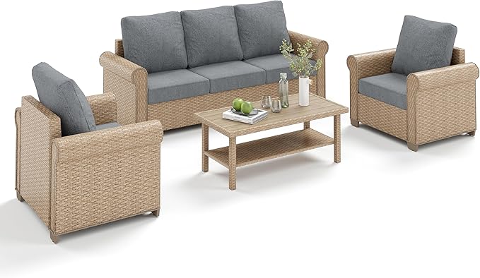 Patio Furniture Set 4 pcs, Wicker Outdoor Patio Furniture, 3-Seat Sofa, 2 Single Sofa and Coffee Table, Rattan Patio Conversation Set for Backyard Deck, Grey