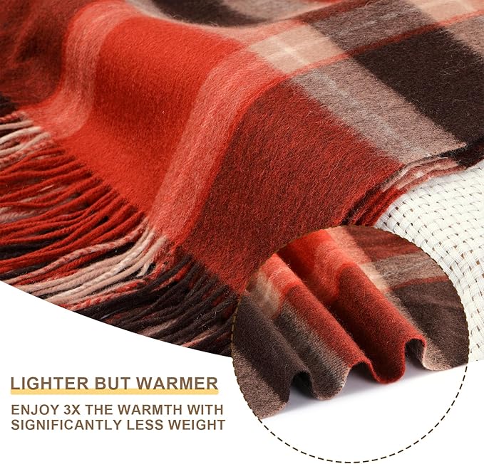 Throw Blanket Plaid with Carry Bag | Soft Wool Travel Blanket 55"x83" 1.5lbs | Red and Brown Plaid Decorative Throw for Couch, Camping & Gift
