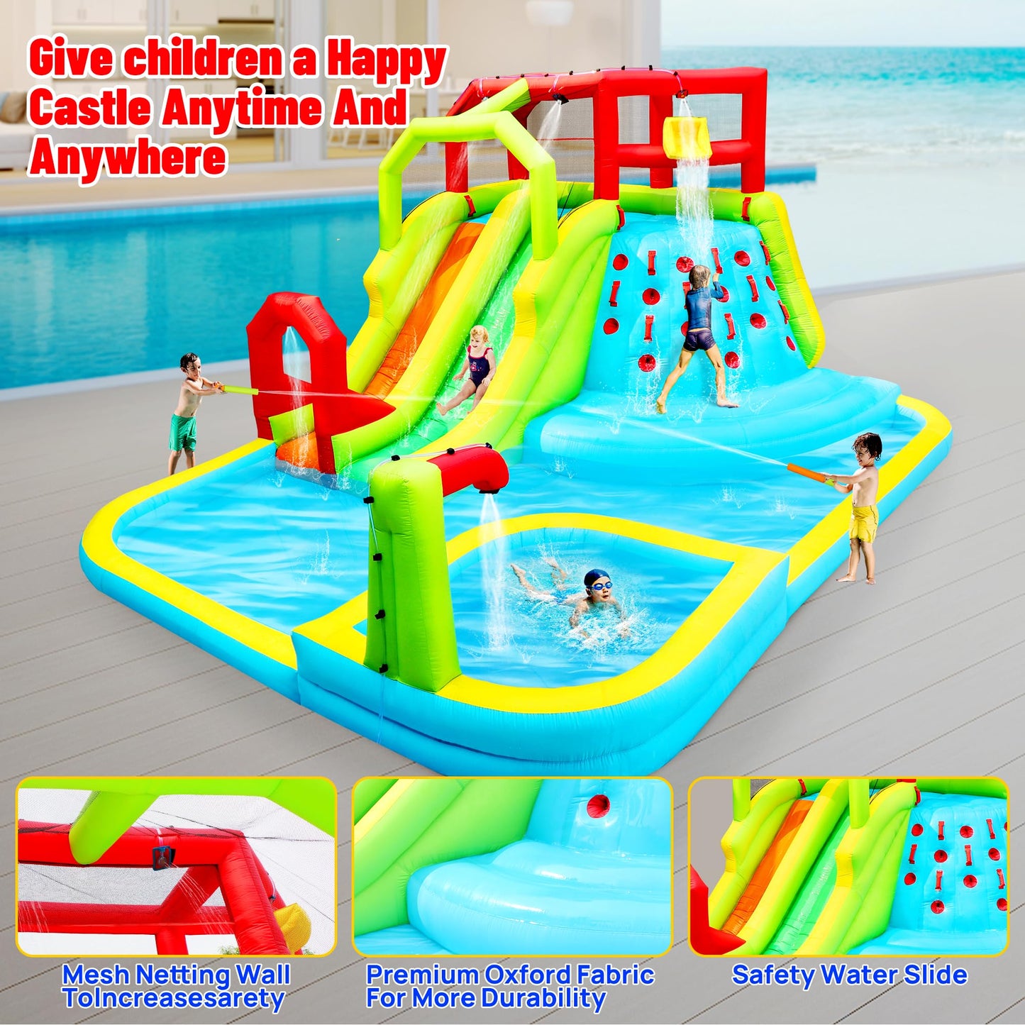 WELLFUNTIME Inflatable Water Slide Park, Bouncy Castle with Deep Pool, 191 x 157.5 x 100 Inch, Jumping Castle with Air Blower