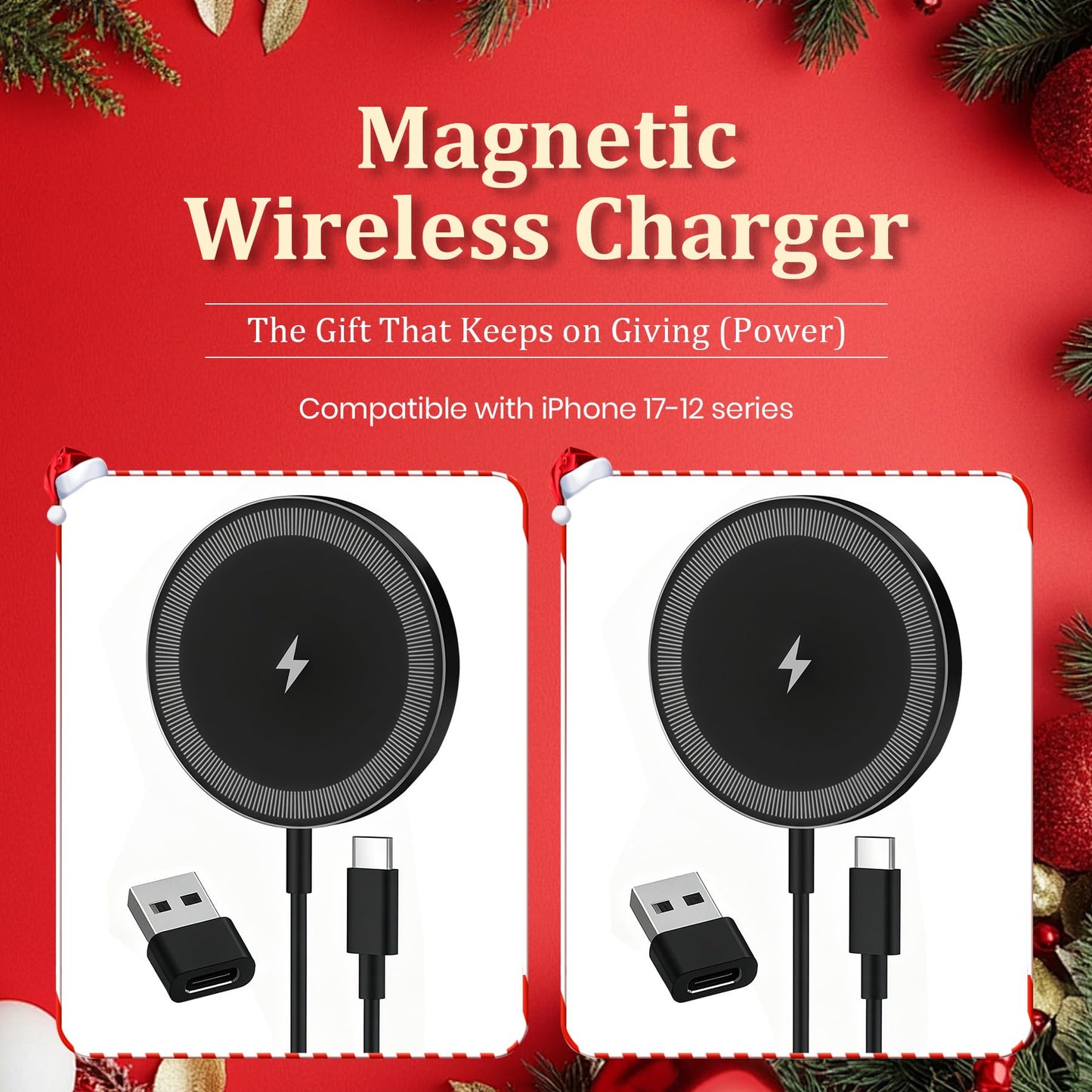 Magnetic Wireless Charger Charging Pad: 15W Qi Fast Portable Slim Charger Puck for iPhone 17e 17 Air 17 Pro Max 16 15 14 13 12 Series S26 & AirPods 4 3 2 Pro - Include USB-C/A Dual Ports (2Pack Black)
