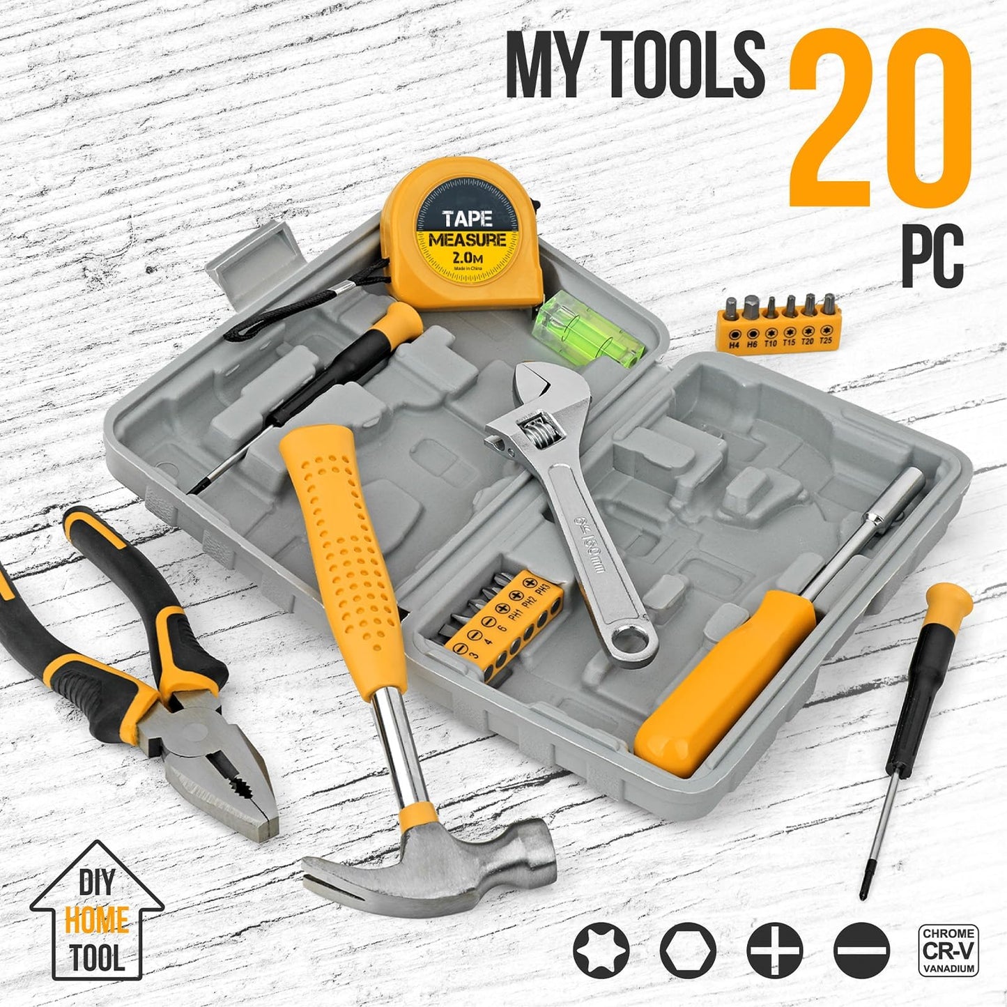 20 Pcs Basic Tool Kit, Compact Home Tool Set with Mini Tool Box, Ideal for Household Repairs, Office Maintenance, Simple DIY, General Tools User-friendly for Beginners, Women & Student(Yellow)