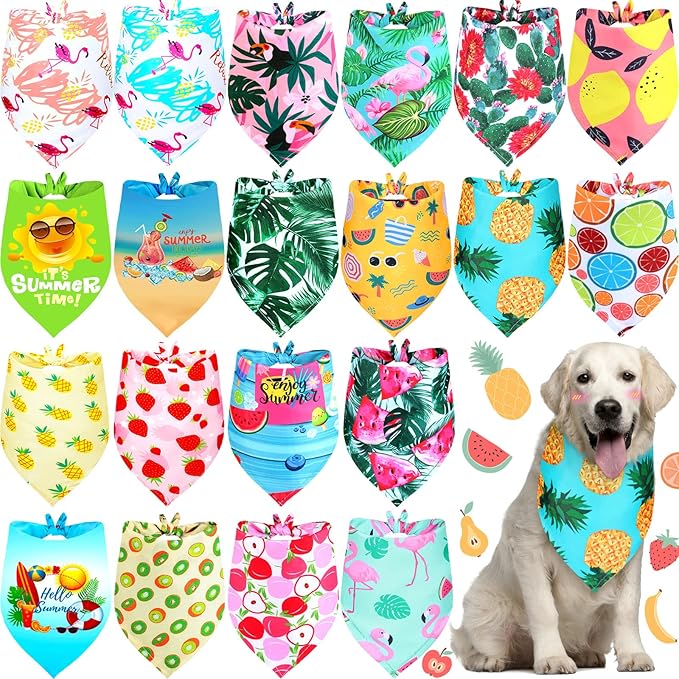 Frienda 20 Pcs Summer Spring Dog Bandanas Hawaiian Style Washable Triangle Pet Bibs Assortment Puppy Kerchief Accessories for Small Medium Pets Dogs Cats(Large)