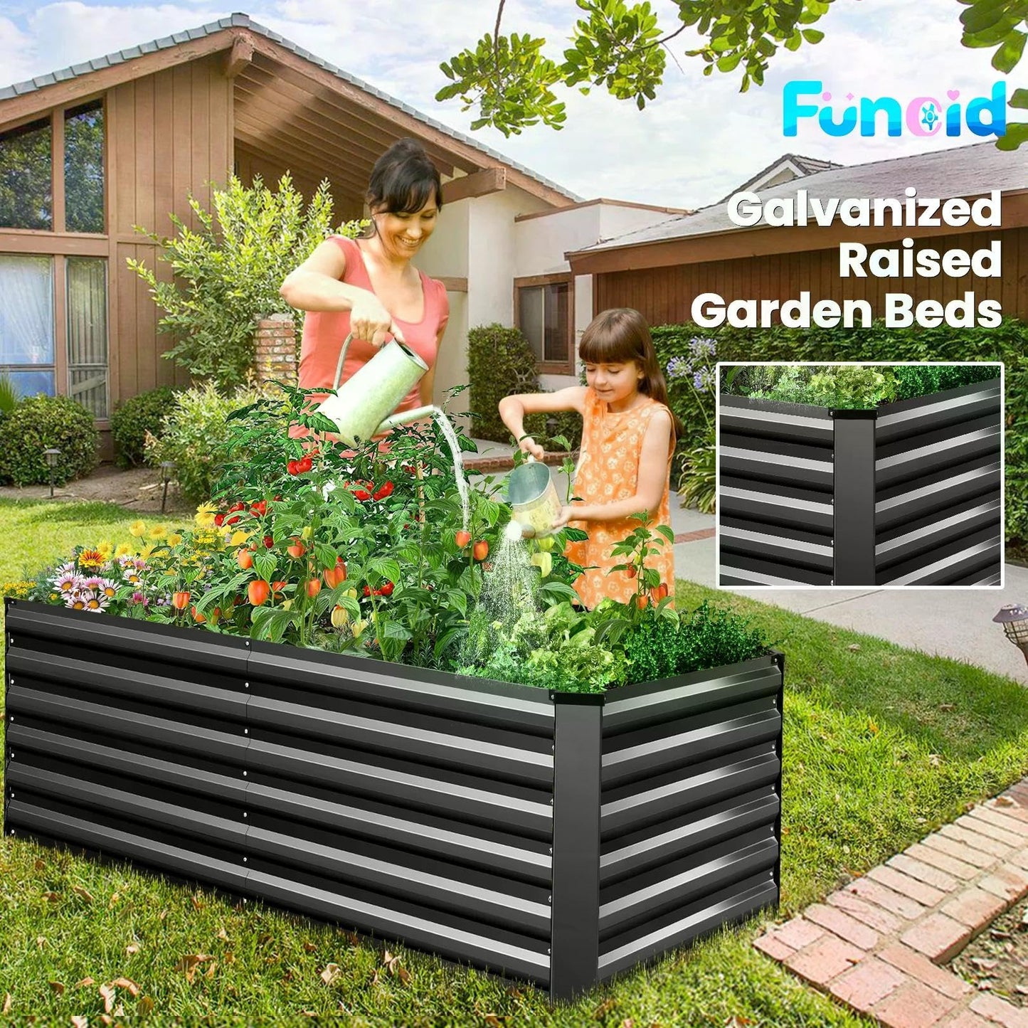 Homdox 6ร3ร2FT Galvanized Metal Raised Garden Bed Kit, Deep Root Elevated Planter Box w/Anti Cutting Strip & A Pair of Gloves, for Vegetables, Flowers, Herbs, Succulents, 265 Gallon Capacity, Black