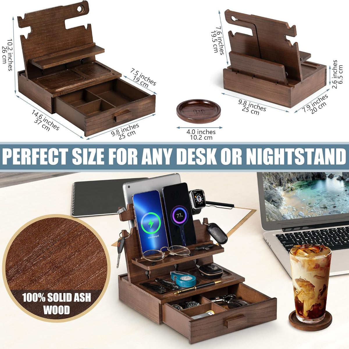 Wood Phone Docking Station for up to 3 Phones - Nightstand Organizer with Drawer for Valuables for Men & Women, Compatible with Apple Watch, Holds Phones, Tablets, Keys, Rings, Glasses, Watches & EDC