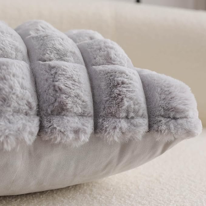 Neelvin Grey Faux Fur Cozy Soft Plaid Decorative Throw Pillow Covers 24x24 inch Set of 2,Velvet Pillowcase Cushion Case for Sofa Couch