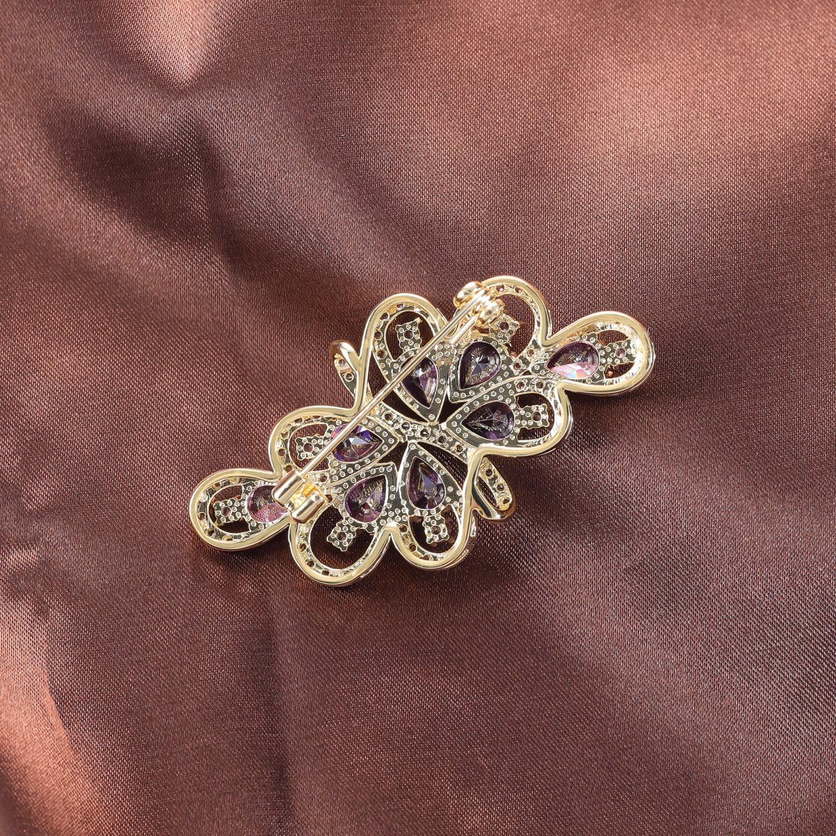 YOQUCOL Vintage Purple Zircon Crystal Rhinestone Bowknot Shape Brooch Pin For Women Golden Tone