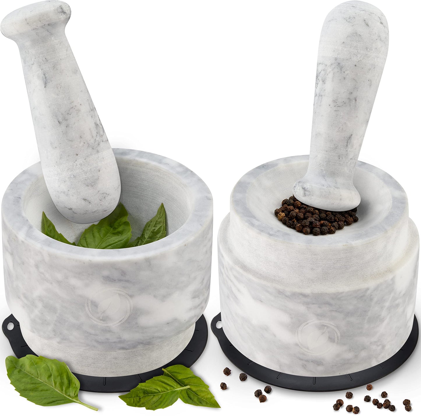 Laevo White Marble Mortar and Pestle Set - Heavy Duty Stone Spice Grinder - 2.1 Cup Capacity, 5.5-Inch Reversible Mortar and Pestle Set for Guacamole, Pesto, Spices - Large