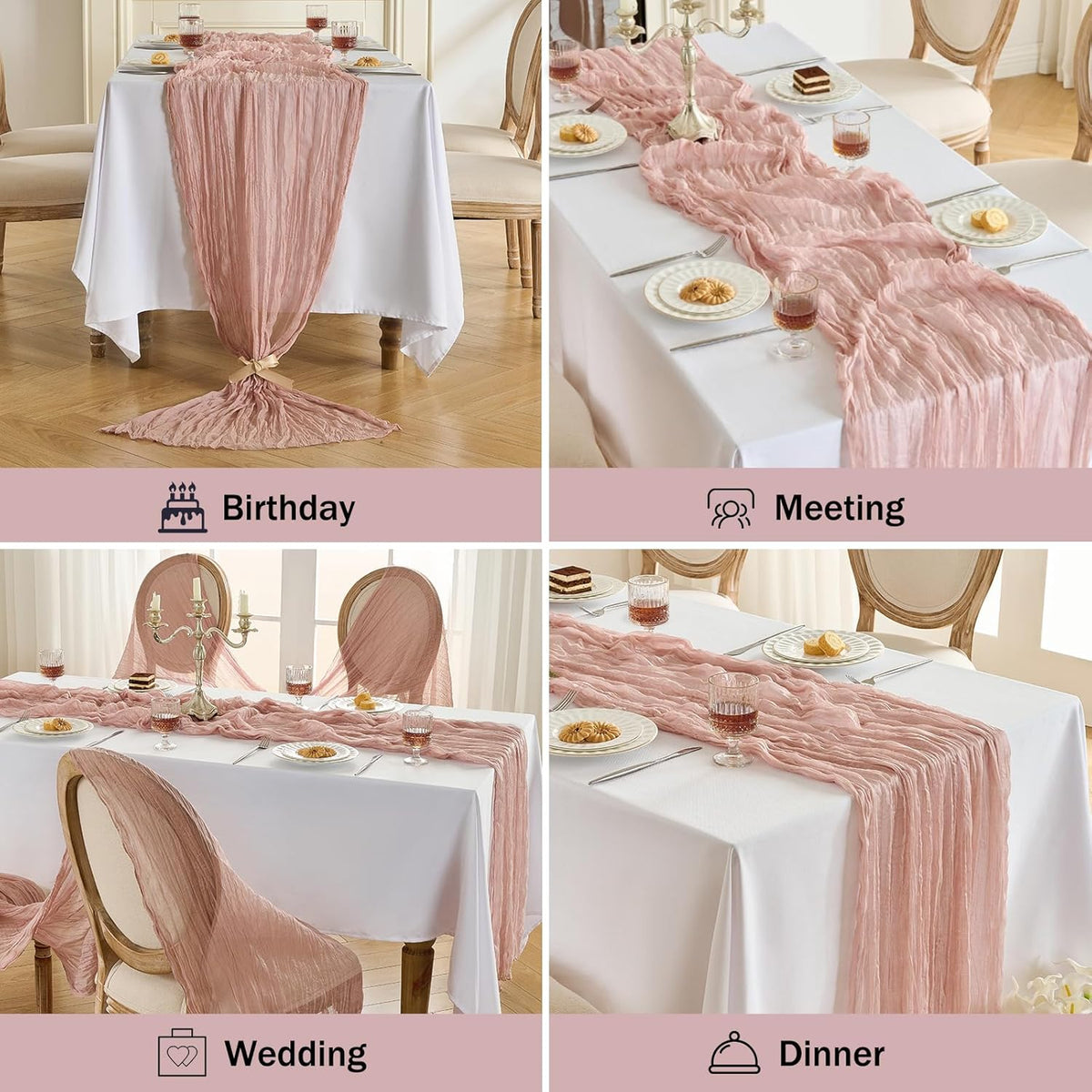 Fanami 3 Pack Cheesecloth Table Runner -10FT Dusty Pink Boho Gauze Cheese Cloth Table Runner 120 Inches Long Rustic Sheer Fabric Centerpieces for Wedding Birthday Party Bridal Baby Shower Decorations
