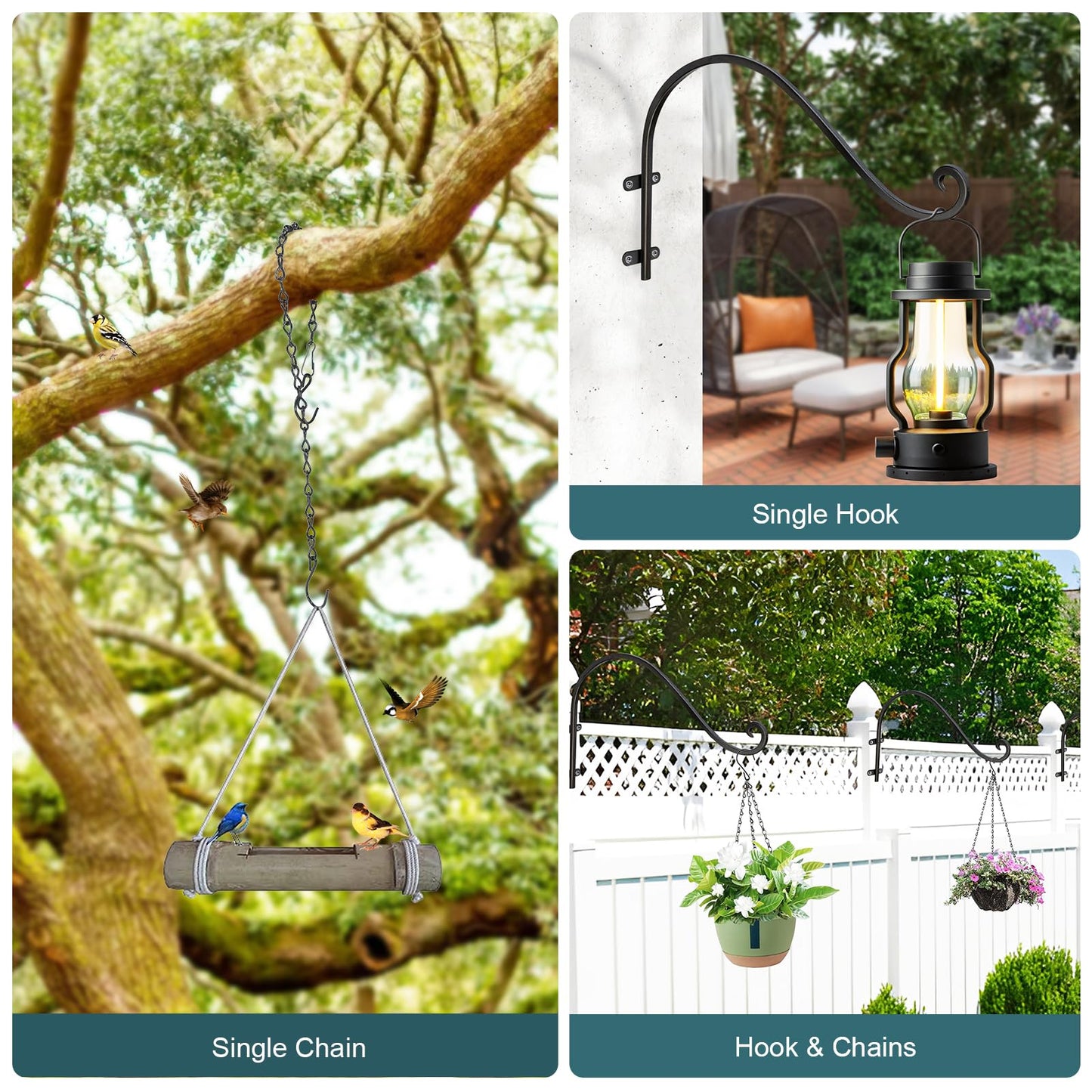 Plant Hangers Outdoor, 4 Pack 12 Inch Plant Hooks with 12 Chains for Wall Metal Plants Hanging Bracket for Bird Feeder, Flower Baskets, Wind Chimes, Lanterns, Indoor Outdoor, Black