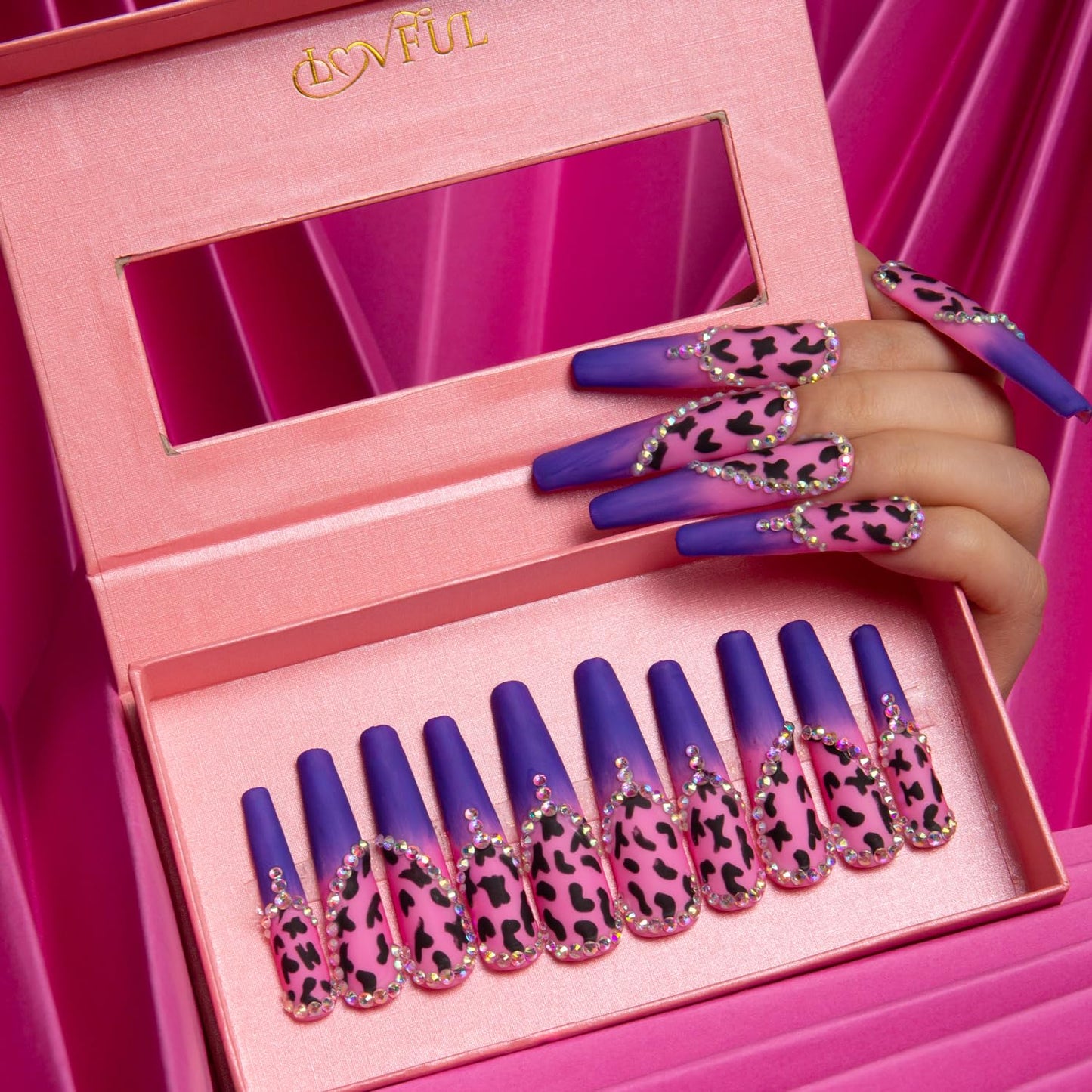 LOVFUL Press on Nails Boozy Lavender | Handmade with Full Covered Crystals | Reusable Full Cover Nails | Coffin Long 2.2 in | H211-S