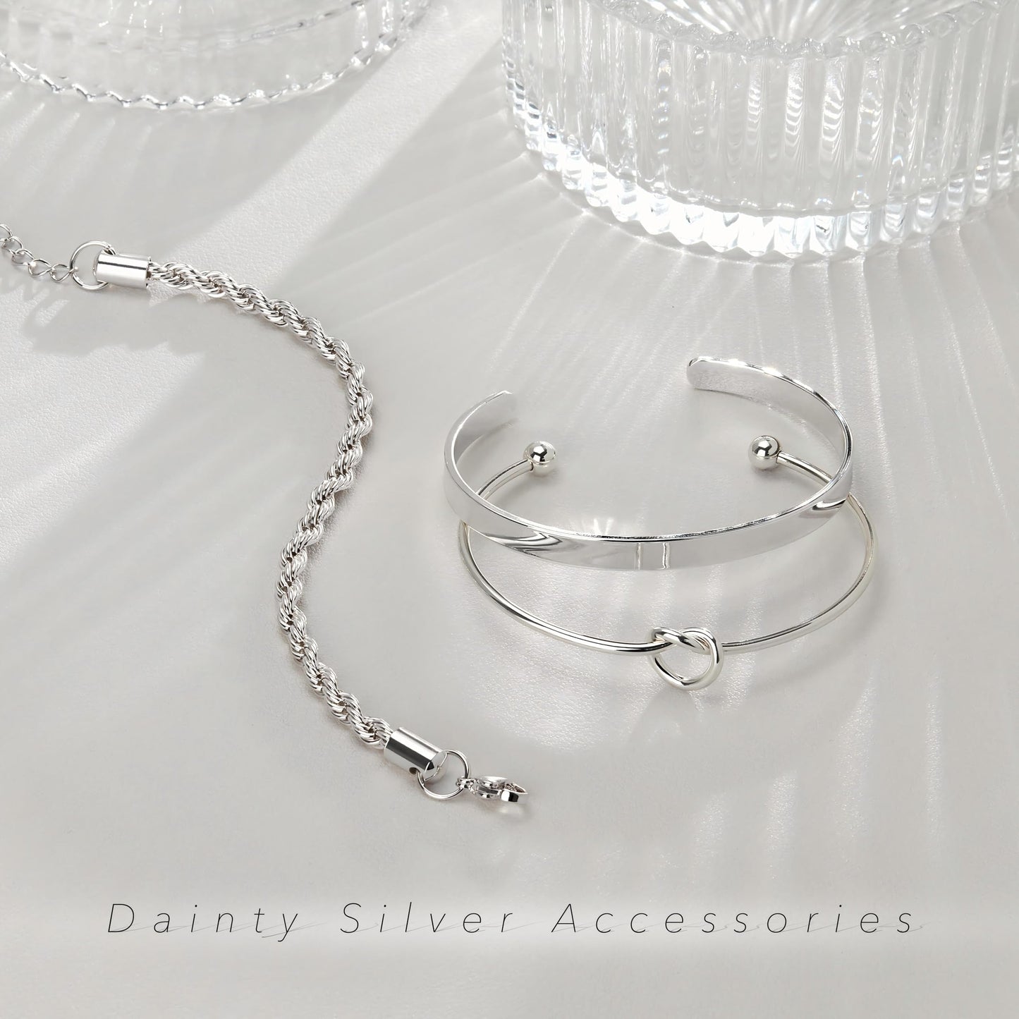 Sterling Silver Plated Bangle Bracelets Stack for Women, Silver Cuff Link Chain Bracelets Set, Trendy Waterproof Jewelry Gifts Adjustable