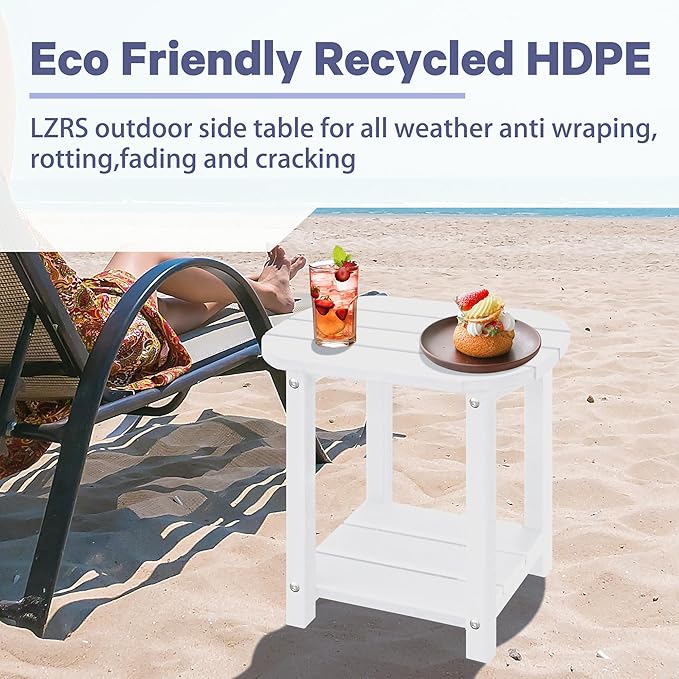 LZRS Outdoor Side Table - 2-Tier Adirondack HDPE Patio End Table for Pool, Porch,Balcony & Backyard,Weather Resistance for Indoor and Outdoor use(White)