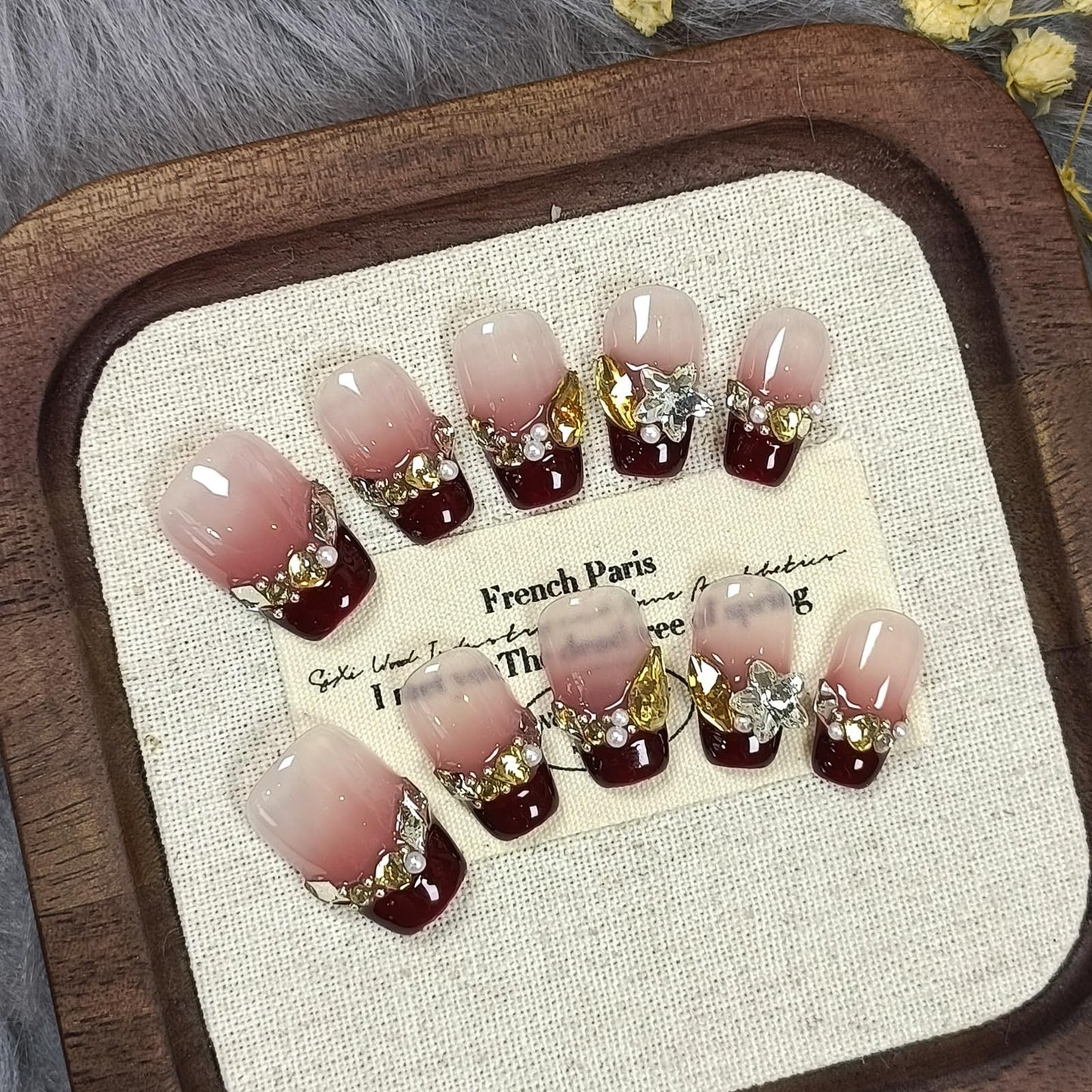 TENPAL Berry Red Glitter French Tips Press on Nails with Rhinestones,Handmade Reusable Bridal Fake Nails with Kit,Y2K Long Lasting Soft Gel Valentines nails(S)