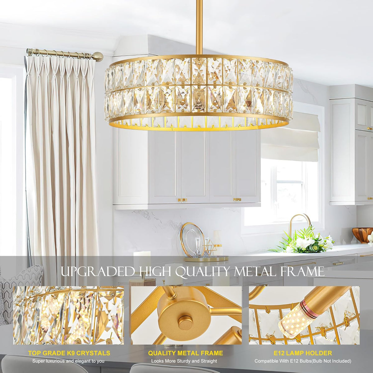 16” 4-Light Modern Crystal Chandeliers Gold Dinning Room Light Fixture, Round Pendant Light Kitchen Island Chandelier, Flush Mount Ceiling Light for Living Room Entryway Bedroom Foyer