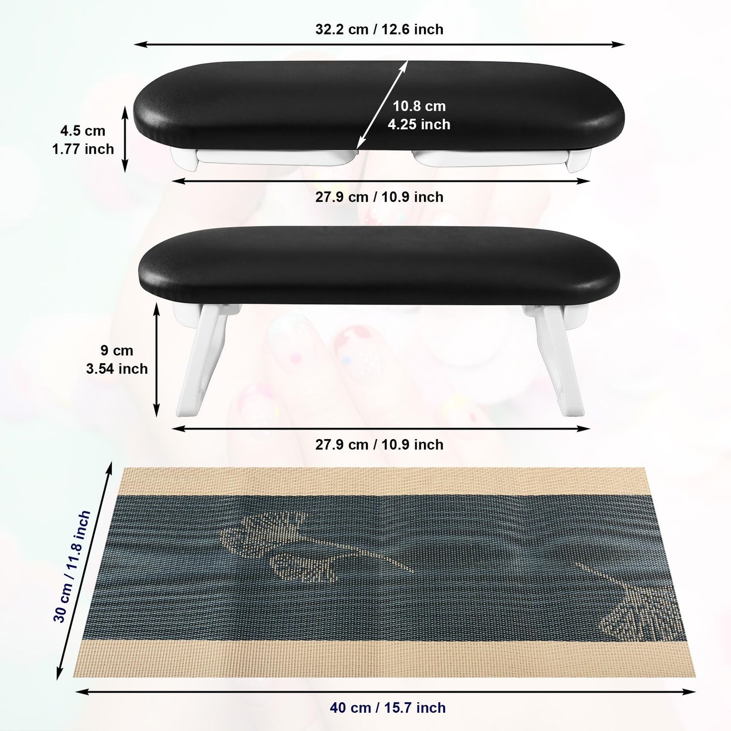 Diesisa Nail Arm Rest, Foldable PU Leather Nail Hand Rest For Nails Tech with Soft Table Mat, Soft Hand Rest for Acrylic Nails/Nail Hand Pillow for Manicure Salon Use-black
