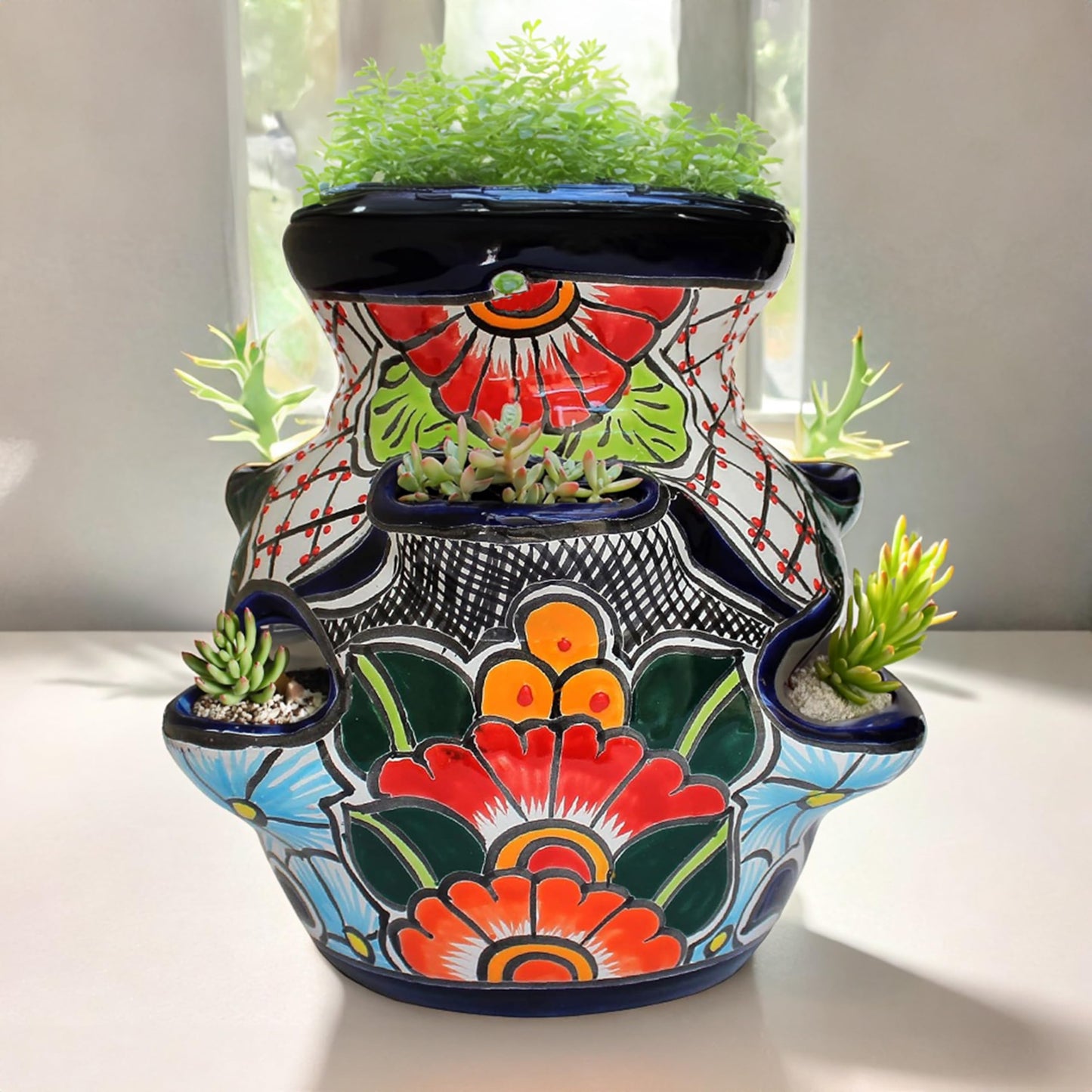 Evergreen Garden Talavera Mexican Strawberry Pottery Ceramic 10 inch Plant Pots | Flower Pots for Indoor Plants | Succulent Planters (10 in. Sky Blue)