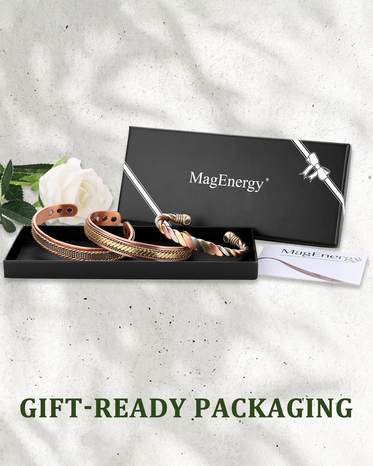 MagEnergy Copper Bracelets for Women Men, Set of 3 Pcs, Magnetic Therapy, Handmade 99% Copper Cuff Bracelet, Jewelry Gift Box