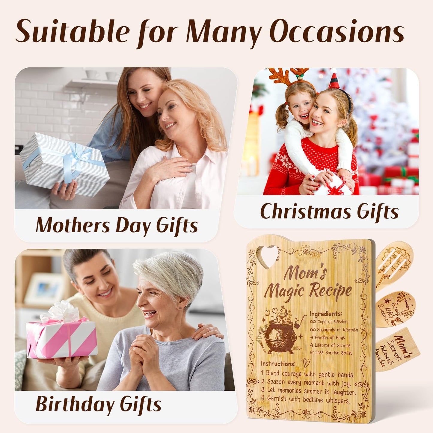 Mothers Day Gifts for Mom - Personalized Engraved Bamboo Cutting Board Set Gifts for Mama from Daughter,Cute Cutting Board Utensil Set Kitchen Decor,Mothers Day Kitchen Gadgets,Birthday Gift for Women