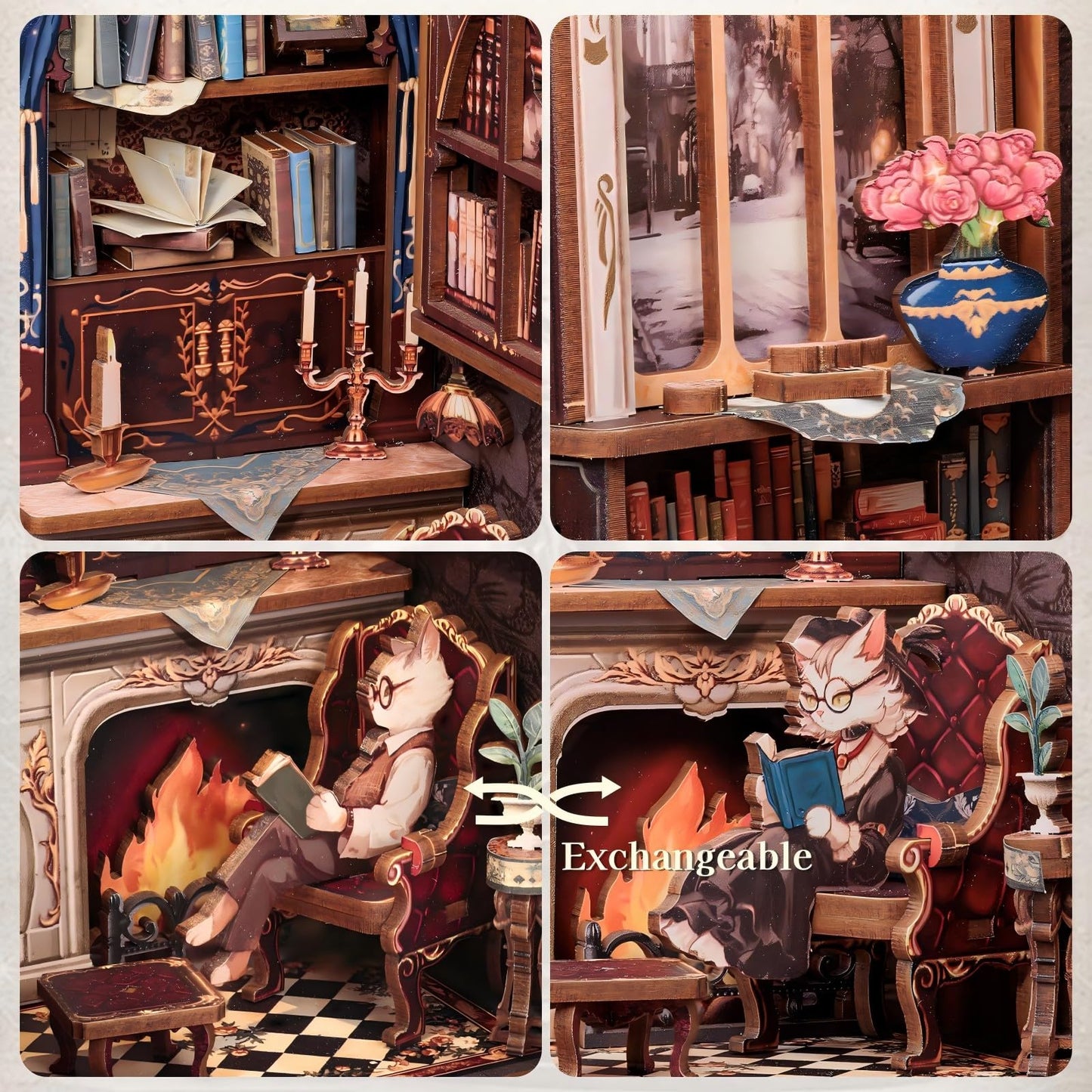 Fsolis Book Nook Kit Cat, DIY Scene Miniature Kit 3D Wooden Puzzles for Adults Booknook for Beginners Bookshelf Nook Decor Mini Building House, Gift for Women Readers Book Lovers (Count Cat's Study)