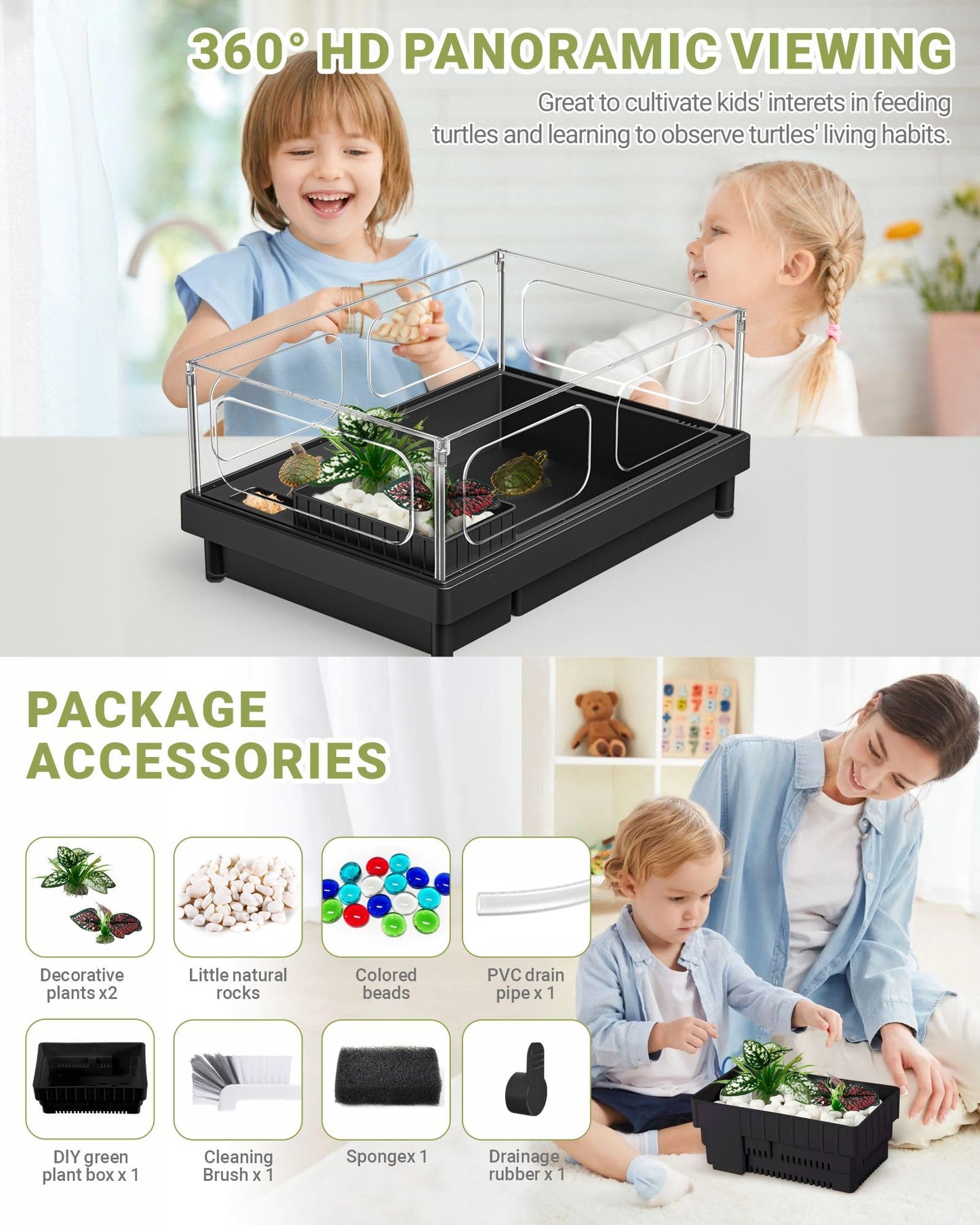 GOZILLA Small Turtle Tank Starter Kit, Acrylic Turtle Aquarium with Multi-Functional Areas for Turtles, Crabs, Crayfish, Small Reptiles. (Black Tank)
