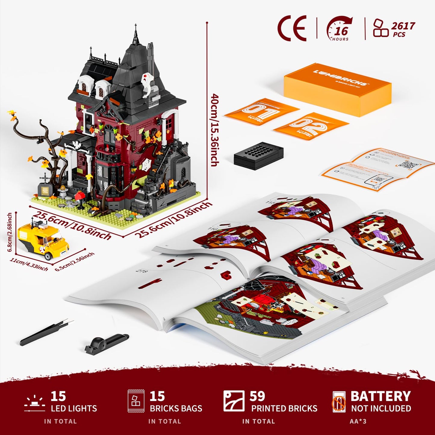 Lumibricks Halloween Midnight Haunted Mansion Lighting Building Bricks Set - Ghost Specter Phantom House City Town Modular Collection Kit 2617 Pcs for Adults & Teens