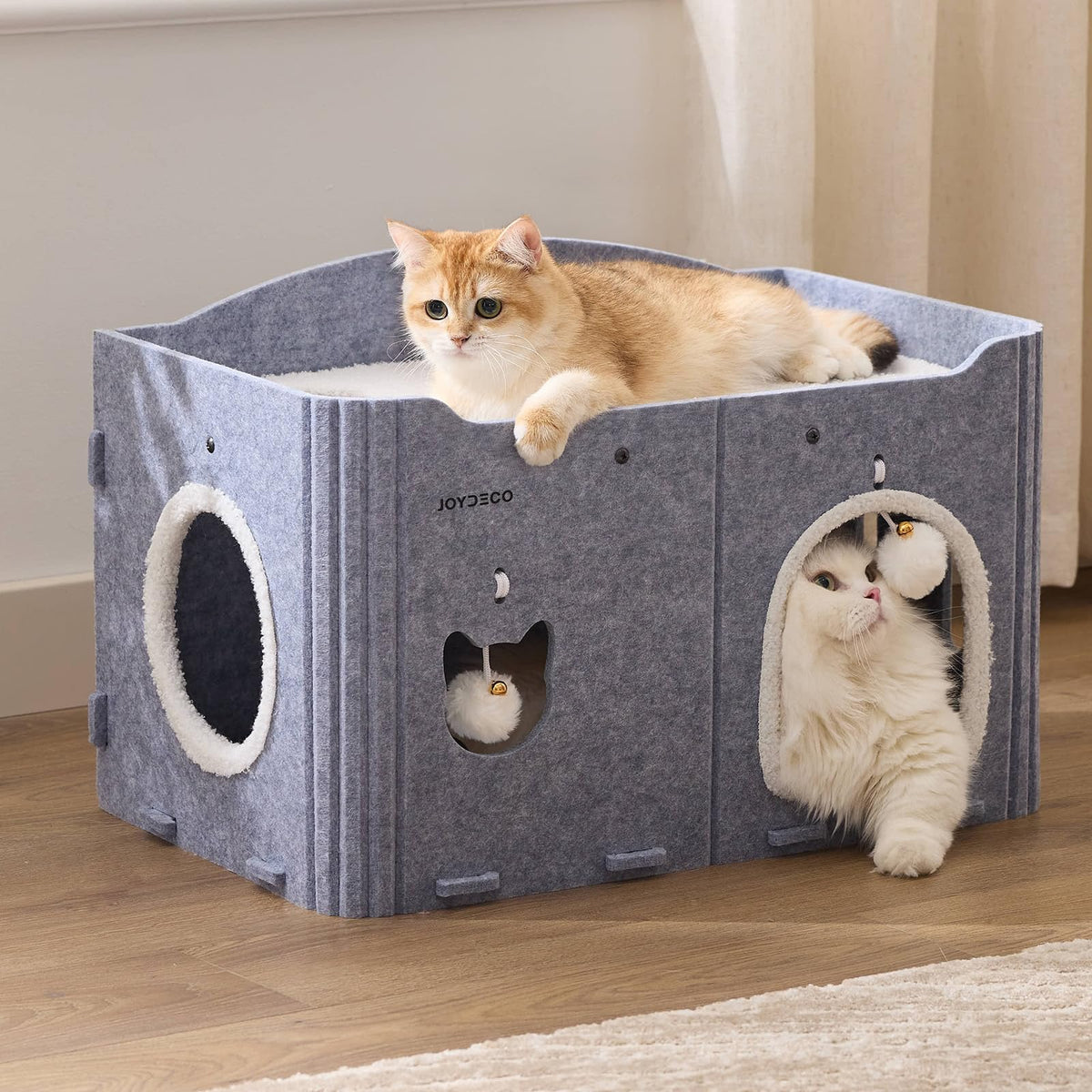 Joydeco Cat House for Indoor Cats, 2 Story Scratch Resistant Felt Cat Condo, Hideaway Pet Cave Bed with Fluffy Ball and Tunnel for Kitten, Small Dogs, Rabbits, 17.7 x 13.3 x 24, Coffee