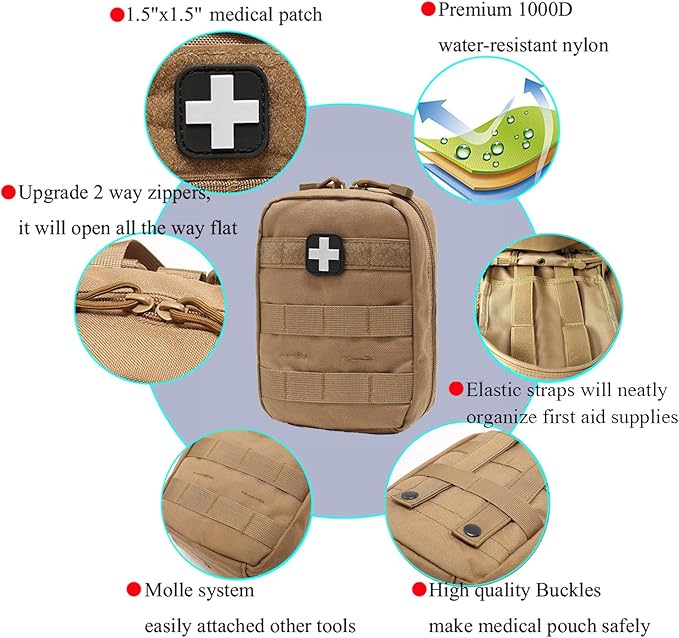 Carlebben EMT Pouch MOLLE Ifak Pouch Tactical MOLLE Medical First Aid Kit Utility Pouch (With Medical Supplies Tan)