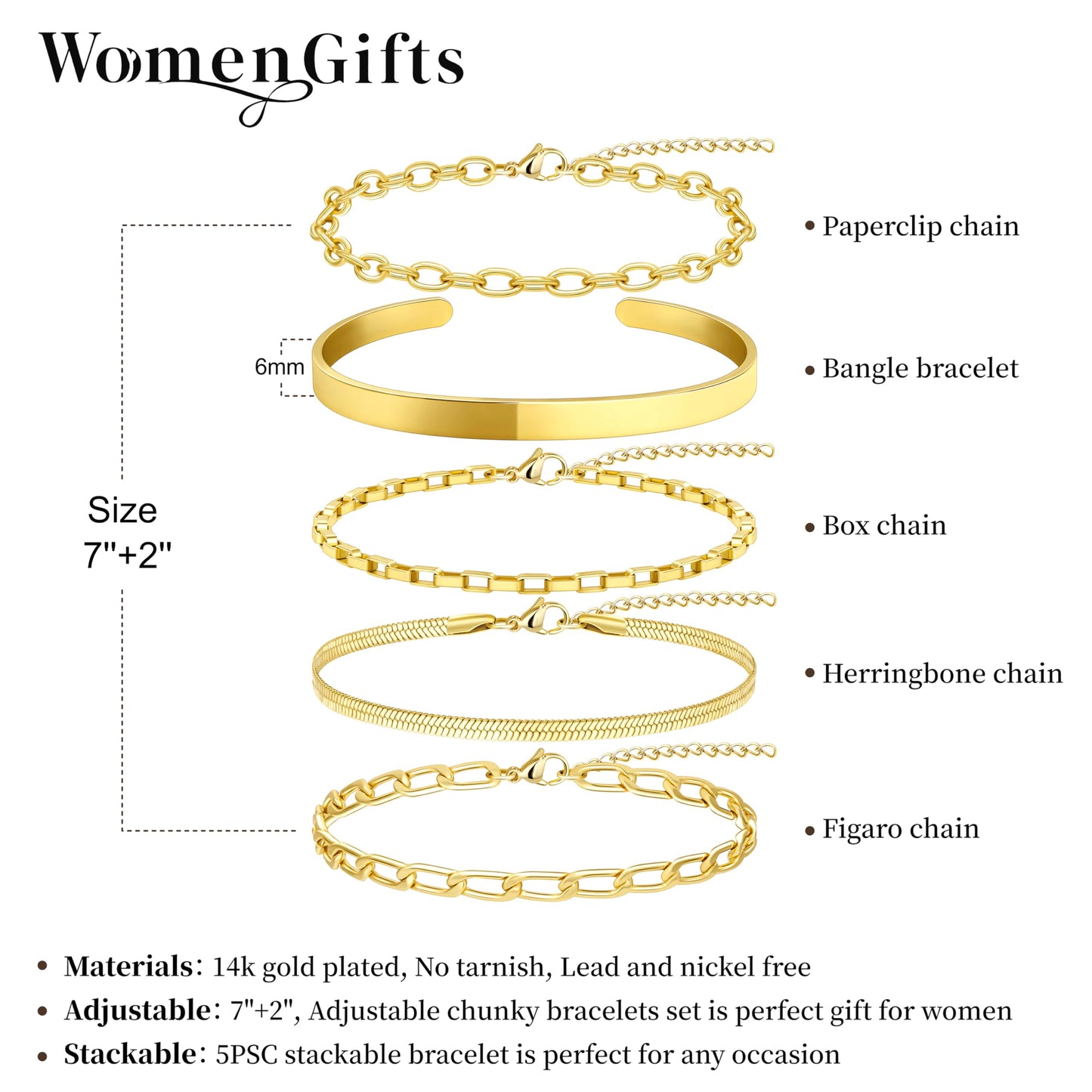 Gold Bracelets for Women Non Tarnish Bangle Cuff, Stackable Bracelet Set on Chunky Bangle Cuff, Box Link, Paperclip, Herringbone, Figaro Chain, Adjustable Waterproof Non Tarnish Jewelry Gifts for Women