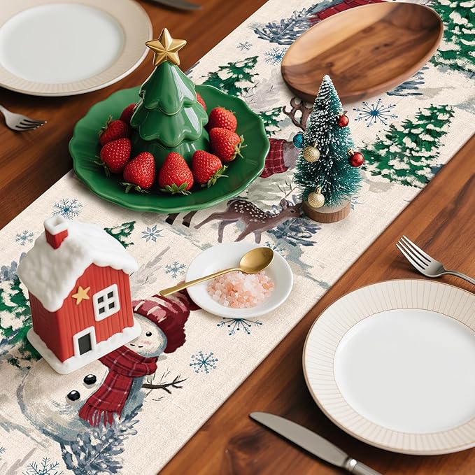 Artscope Reindeer Snowman Christmas Tree Table Runner, Xmas Winter Snowflakes Holiday Kitchen Dining Table Decoration for Christmas Home Party Decor 13x120 Inch-Beige