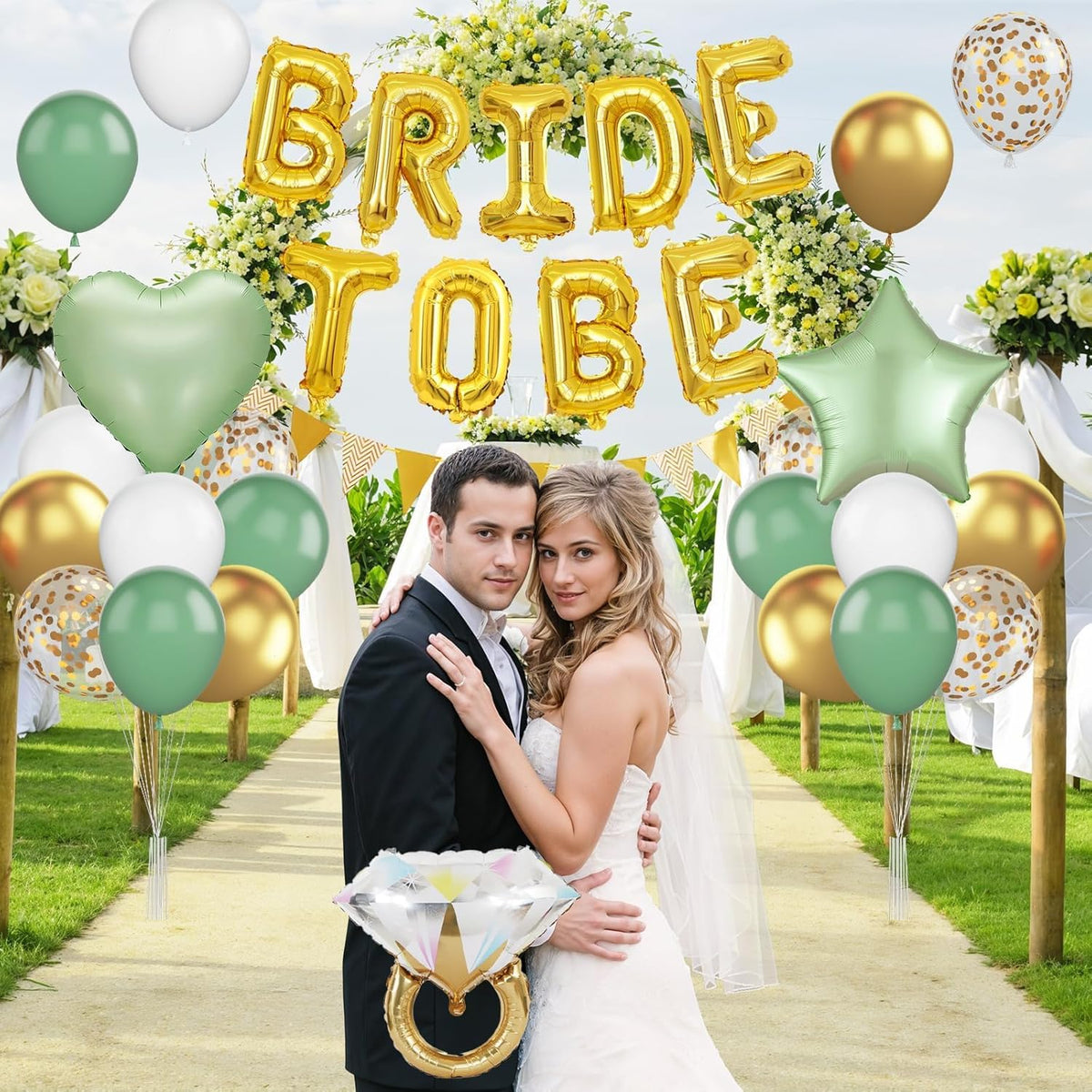 Bridal Shower Decorations Sage Green,Bachelorette Party Decor with Bride To Be Letter Balloons Banner, Diamond Ring Heart Foil Balloon,Green Gold Confetti Balloons for Engagement Wedding Party favors