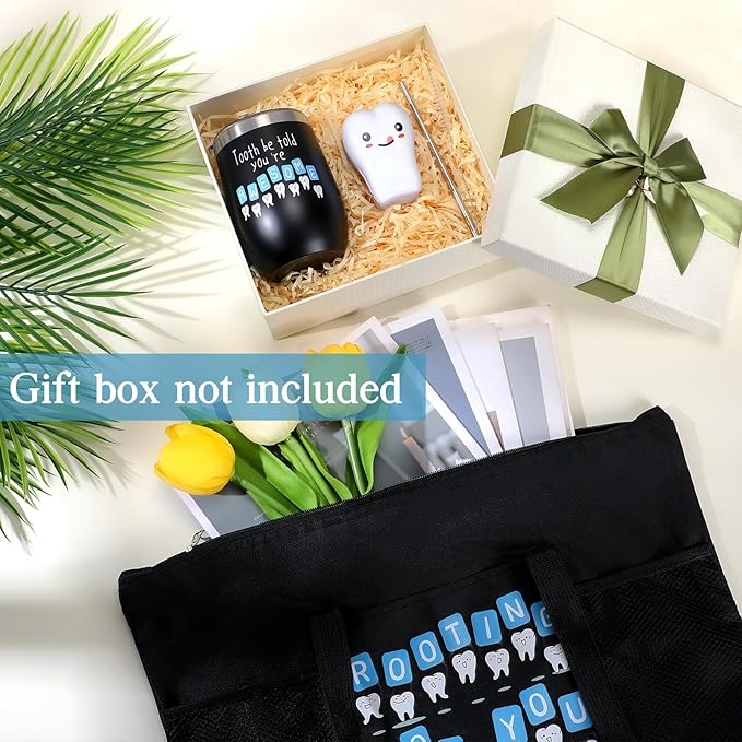 Sliner 3 Pcs Christmas Dental Assistant Gifts Positive Dentist Dental Hygienist Gifts Accessories Inspirational 12oz Tumbler Tote Bag Funny Teeth Stress Toy for Women Students Nurses Doctors(Black)