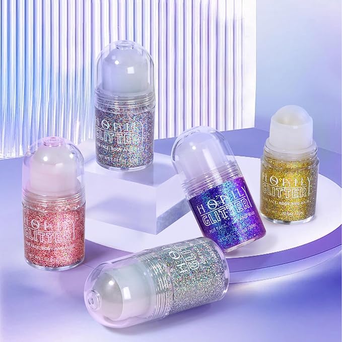 HOSAILY Roll-on Holographic Body Glitter Gel for Face Hair, Chameleon Color Changing Glitter Gel Under Light, Chunky Mermaid Sequins Festival Party Rave Accessories Shimmer Makeup (Gold)