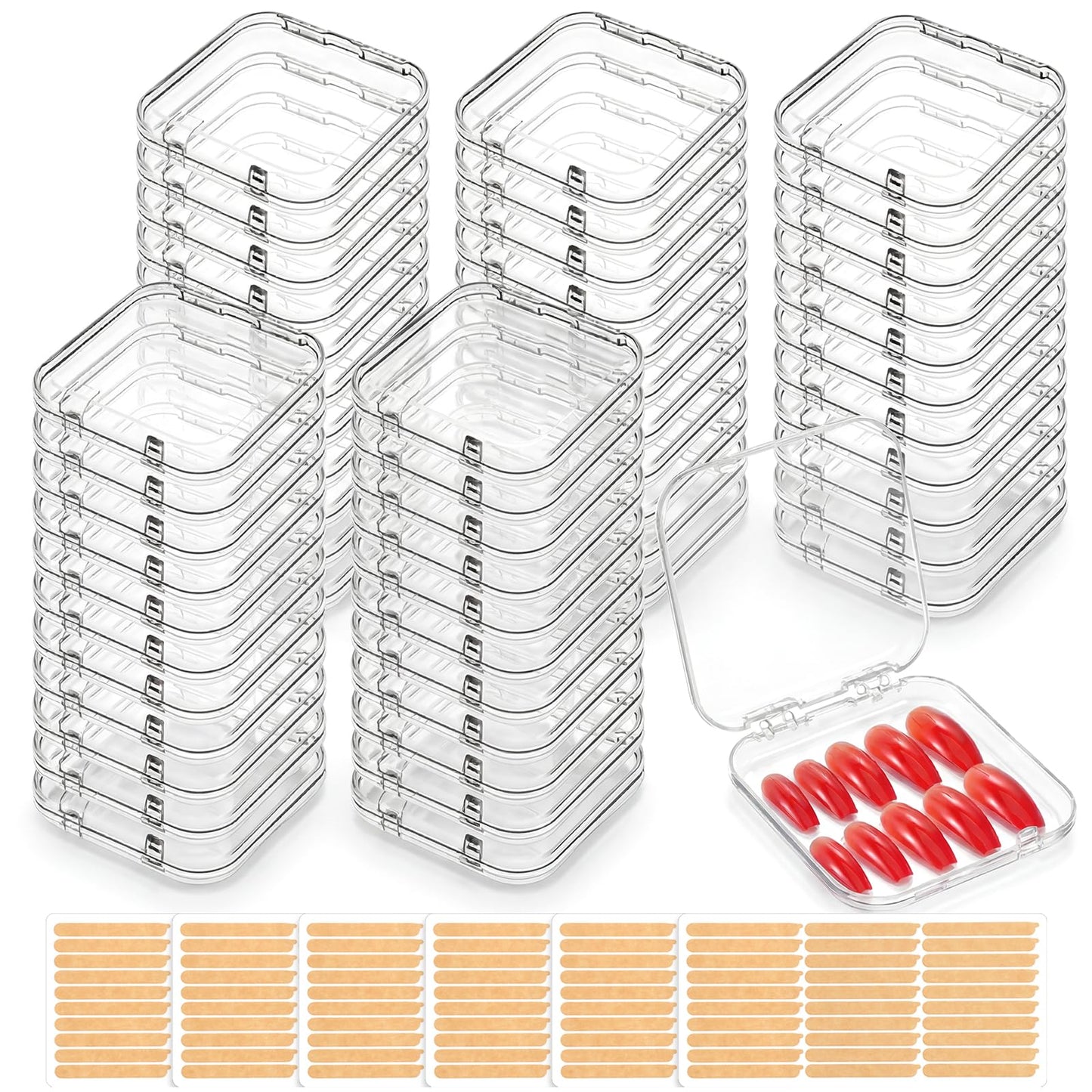 50pcs Press On Nail Storage Box with 180 Pcs Adhesive Double Sided Tape Clear Artificial Nail Display Case Acrylic Nails Boxes Press On Nails Packaging Box NailContainer for Salon Storage Display Art