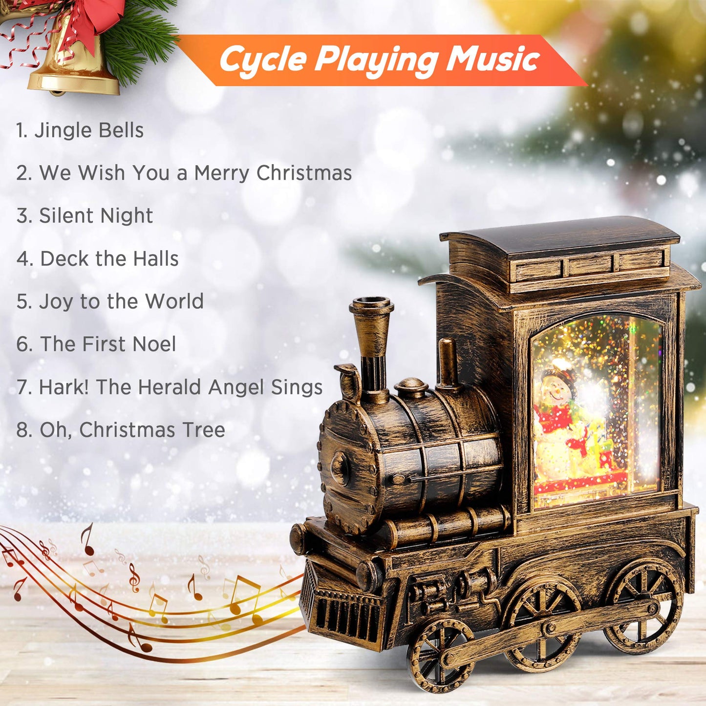 IPOW Christmas Snow Globe Lantern Train with Santa Sleigh Projection, Water Swirling Glitter Musical and Lighted USB Powered & Battery Operated Music Box for Christmas Home Decoration Gift