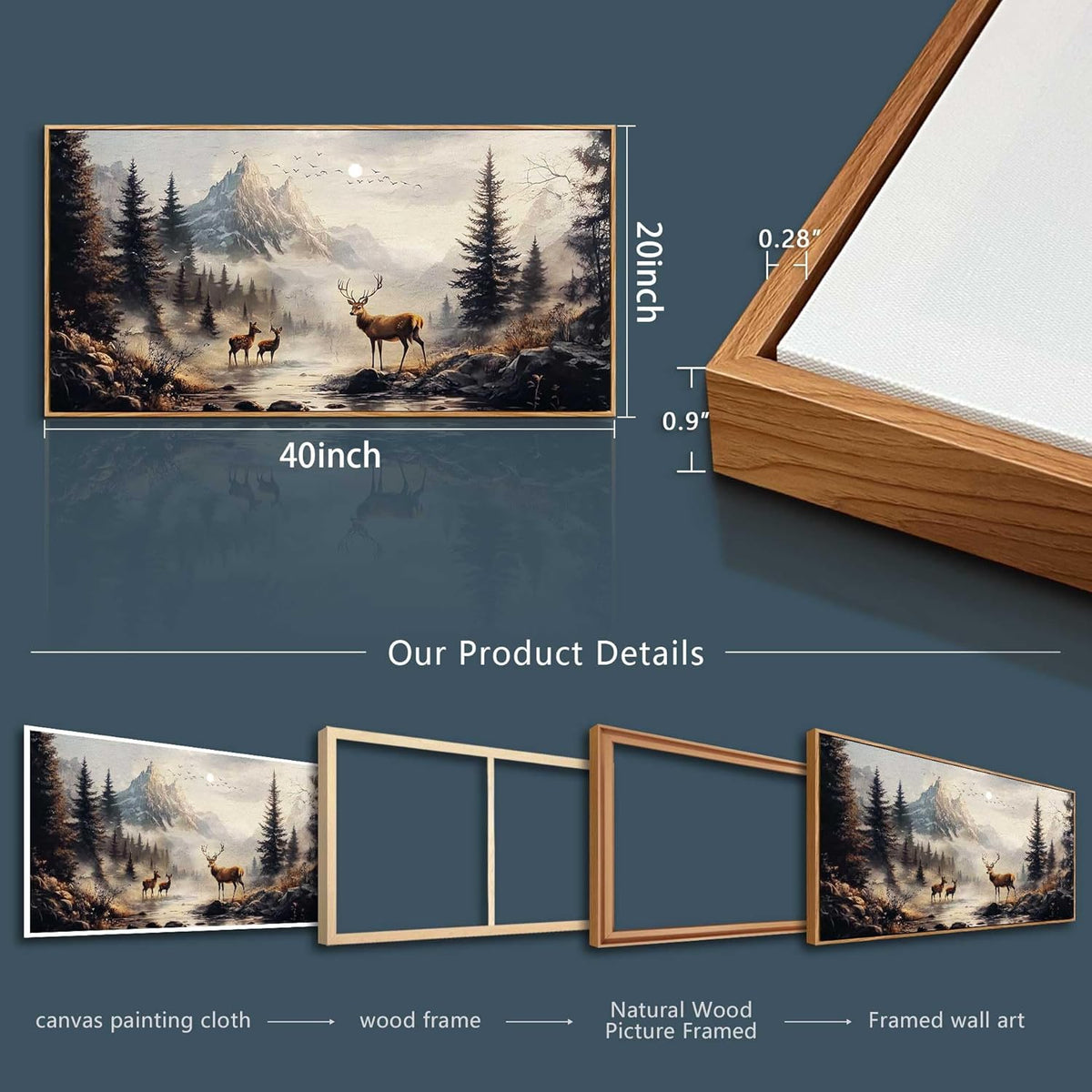 KELIYUAN Canvas Wall Art For Living Room Large Wall Decor For Bedroom Landscape Painting Of Elk Mountain Pictures Office Restaurant Wall Decoration Modern Room Home Decor Wood Framed 20"X40"