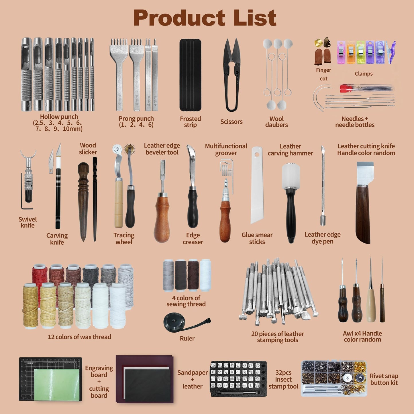 EDIETH Professional Leather Craft Tools Kit Leather Working & Tooling Set with High-Carbon Steel Stamping, Punching, Sewing, Engraving Tools, Custom Cutting Mats for Leathercraft Projects