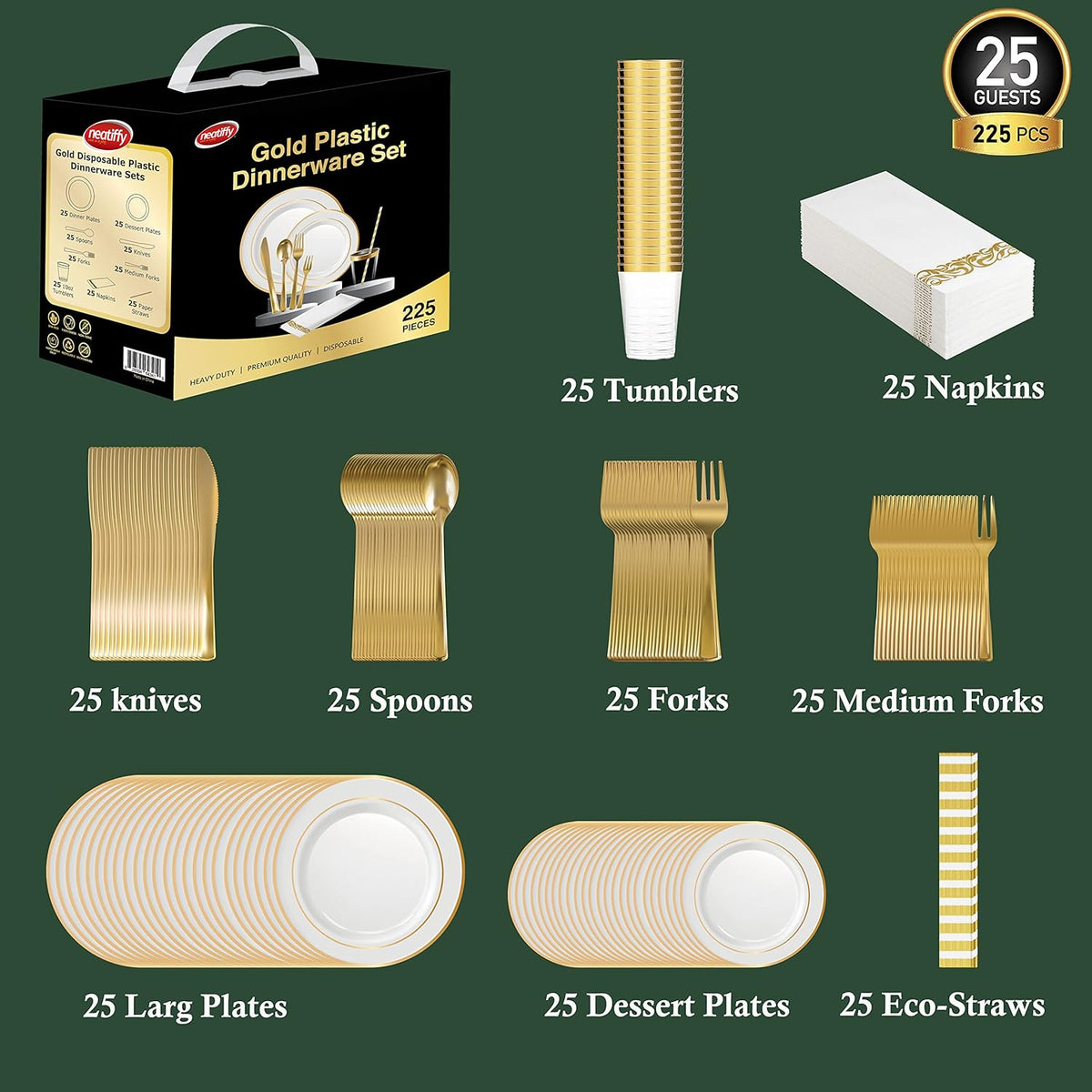 Neatiffy 225 Pcs Gold Rim Plastic Dinnerware Set (25 Guest) | 25 x (Dinner Plate, Dessert Plate, Gold Plastic Silverware, Cup, Napkin, Straw) | For Wedding, Luxurious Party, Special Event