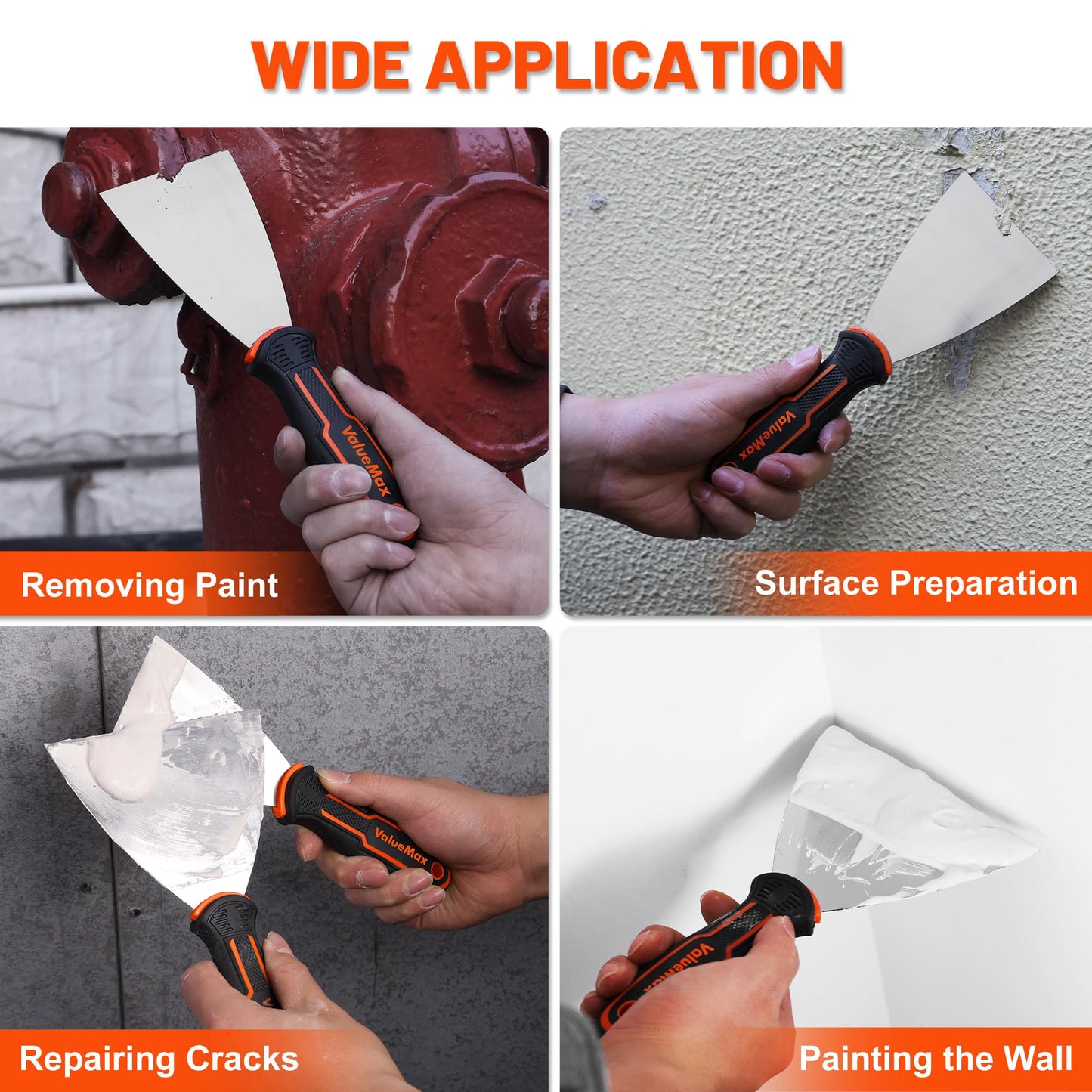 VALUEMAX Putty Knife Set, 6PCS Stainless Steel Paint Scraper Tools, Spackle Knives for Repairing Drywall, Scraping, Removing Wallpaper, Applying Mud, Plaster and Adhesive(1”, 1.5”, 2”, 3”, 4”, 5”)
