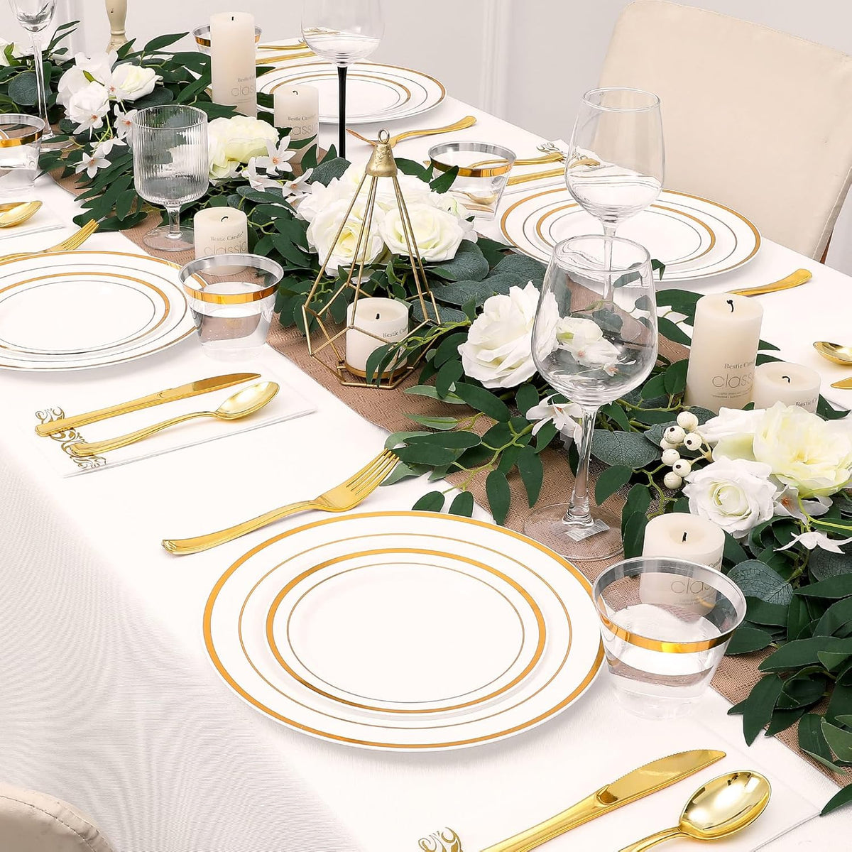 350-Piece Gold Rim Plastic Dinnerware Set for 50 Guests, Elegant Disposable Dinnerware for Party, Wedding. Includes Dinner Plates, Dessert Plates, Gold Silverware, Napkins, Cups
